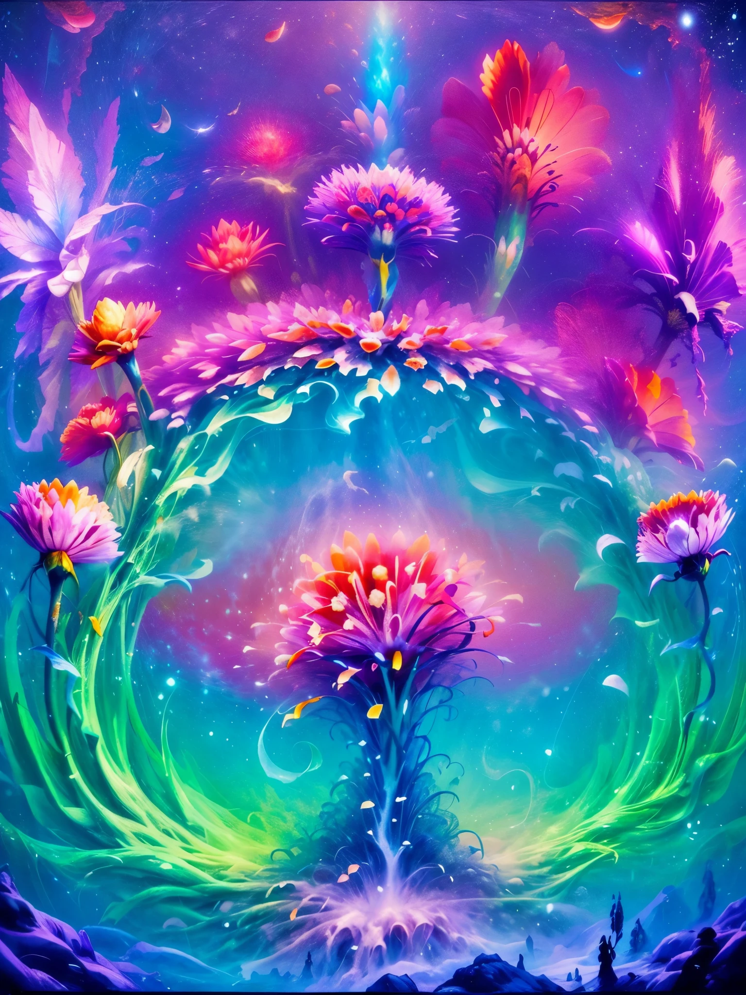 A magical plant stands in front of a swirl of white snow