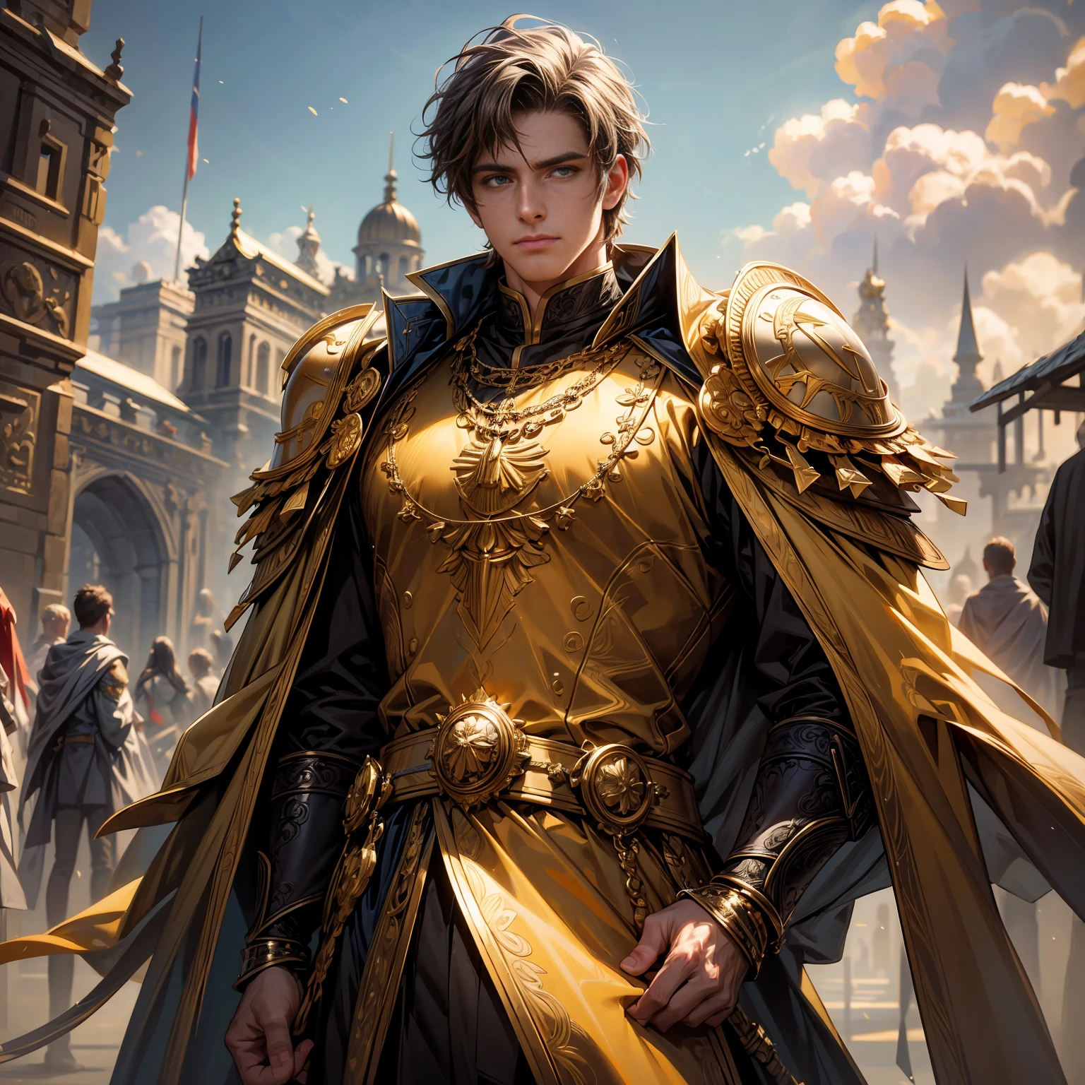 (best quality,4k,8k,highres,masterpiece:1.2), ultra-detailed, realistic:1.37, constantine the great ,portraits, vivid colors, ancient emperor revival, modern style, Lionheart, confident expression, powerful posture, aged armor, intricate details, regal robe, dignified aura, ancient capital backdrop, golden sunlight, dramatic shadows, subtle color grading