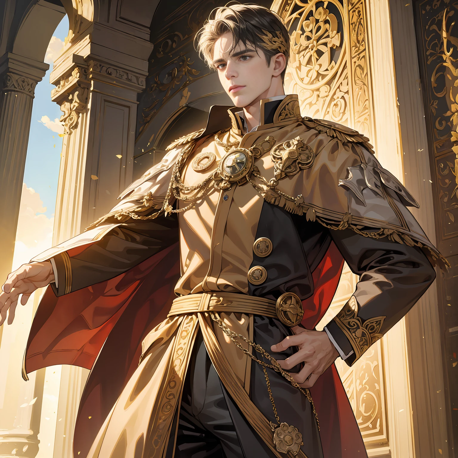 (best quality,4k,8k,highres,masterpiece:1.2), ultra-detailed, realistic:1.37, constantine the great ,portraits, vivid colors, ancient emperor revival, modern style, Lionheart, confident expression, powerful posture, aged armor, intricate details, regal robe, dignified aura, ancient capital backdrop, golden sunlight, dramatic shadows, subtle color grading