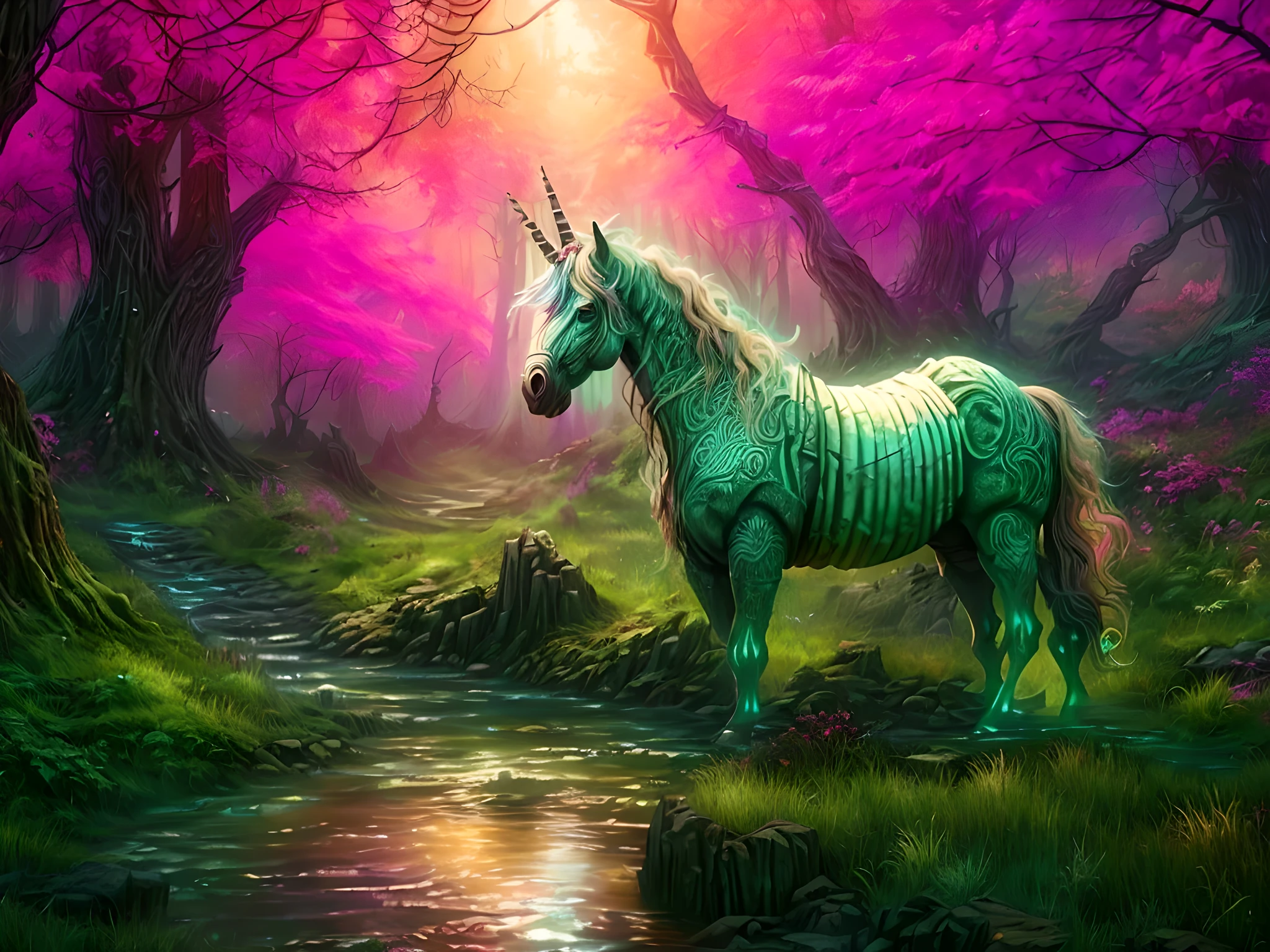 a picture of a unicorn in a forest clearing, an epic unicorn (best detailed, Masterpiece, best quality)  watching a forest clearing, there are plenty of trees and flowers, the leaves glow in colors GlowingRunes_pink, the vines glow GlowingRunes_red, a stream of water, sunset light, sun rays, DruidMagicAI, fantasy art, forest magic magv1ll, D&D art, RPG art, magical atmosphere magic-fantasy-forest, ultra best realistic, best details, best quality, 16k, [ultra detailed], masterpiece, best quality, (extremely detailed), ultra wide shot, photorealism, depth of field, hyper realistic painting, 3D render