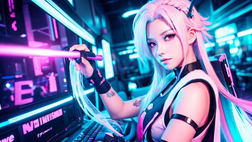 A beautiful anime-style, cyberpunk-style beautiful girl with white pink hair is holding a sword on the right side.、Computer wallpaper based on red, green and blue
