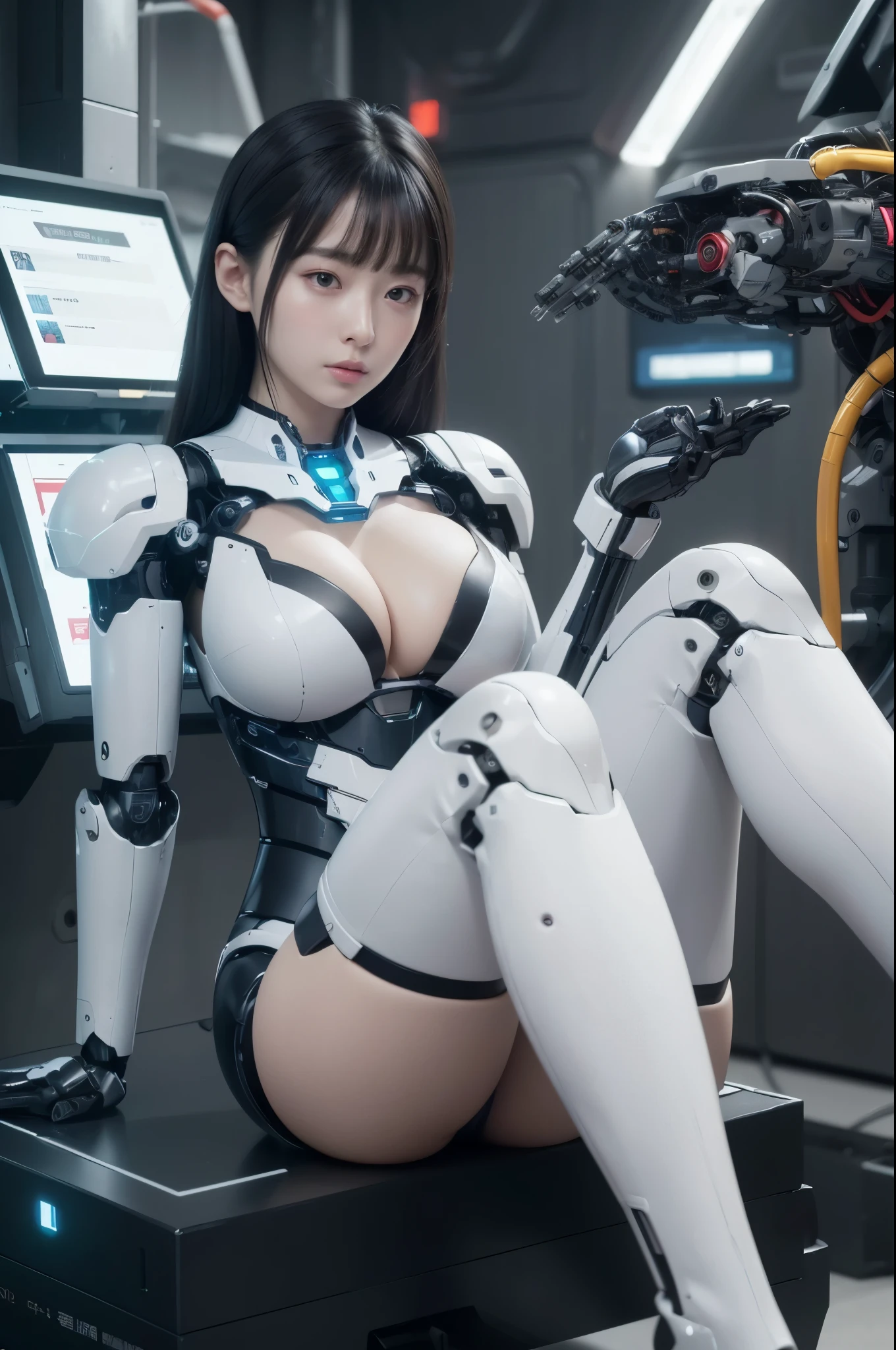 masterpiece, best quality, extremely detailed, (8K, 4K, Best Quality, hight resolution, 超A high resolution:1.1), 8K portrait,1girl in, Japaese android girl,android teacher,Plump , control panels,android,Droid,Mechanical Hand, ,Robot arms and legs, Black hair,Mechanical body,Blunt bangs,White Robotics Parts,perfect robot woman,Charging spot,Long Tube,A thick cable was connected to her neck,ceramic body ,android,robot humanoid,a bit chubby,panty,full eyes,perfect mechanical body,white robotics body,future assembly plant,white body,She has repaired,black sponge joints,android assembly plant,android,laboratory,platform boots,perfect machine body,white robot body,