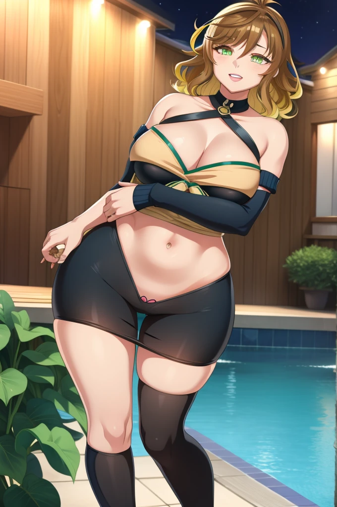 amicia michella - nijisanji, anime style, 1boyl, brown short hair, yellow inner hair, wavy hair, green eyes, detailed eyes, midriff, girly face, seductive, thin lips, painted lips, shy smile face, wide hips, thick thighs, huge round ass, medium breast, full body, dynamic pose, night pool, nsfw