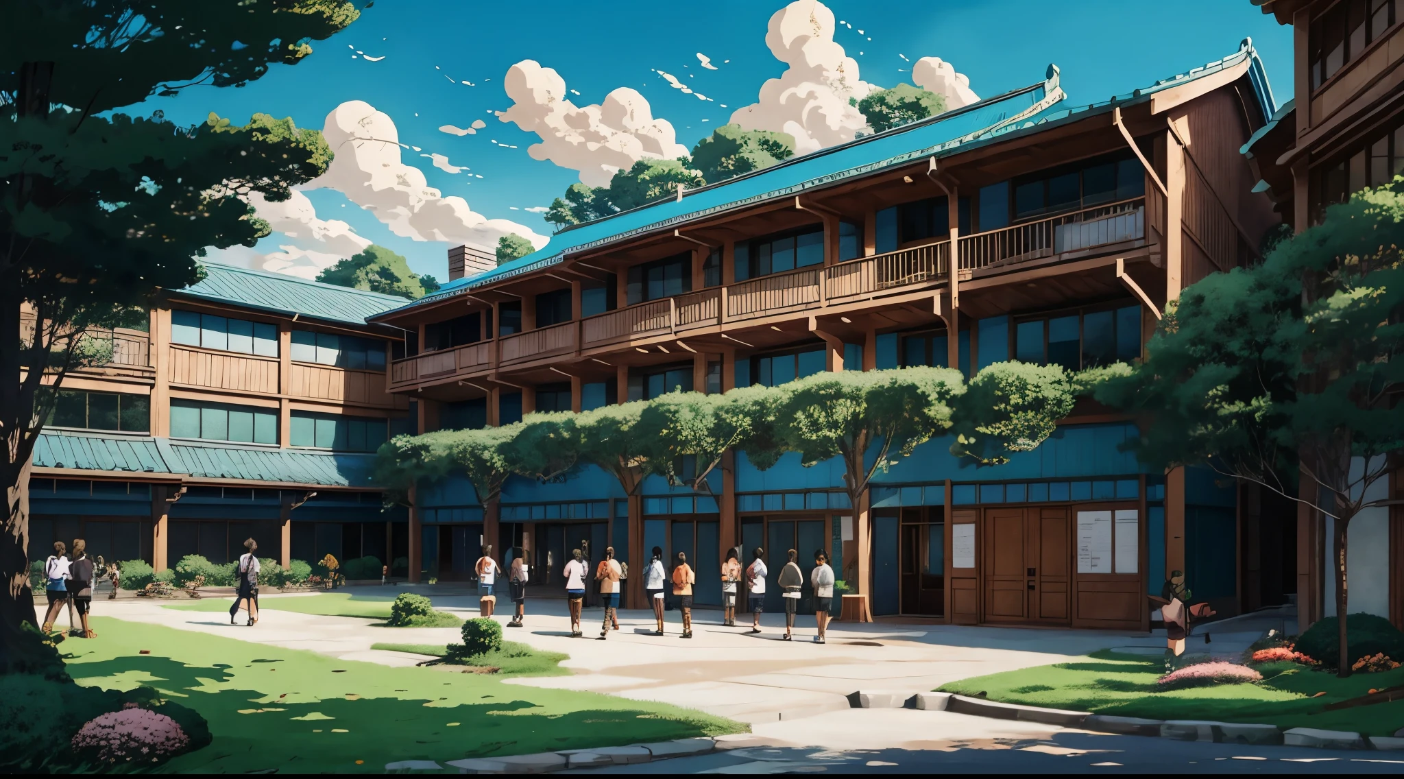 Studio Ghibli style Anime, 2d, personality: [Illustrate a wide shot of a bustling school courtyard, filled with students. The courtyard should be vibrant and lively, with students sitting on benches, walking in groups, and engaged in conversations. Convey a sense of energy and activity in the scene]