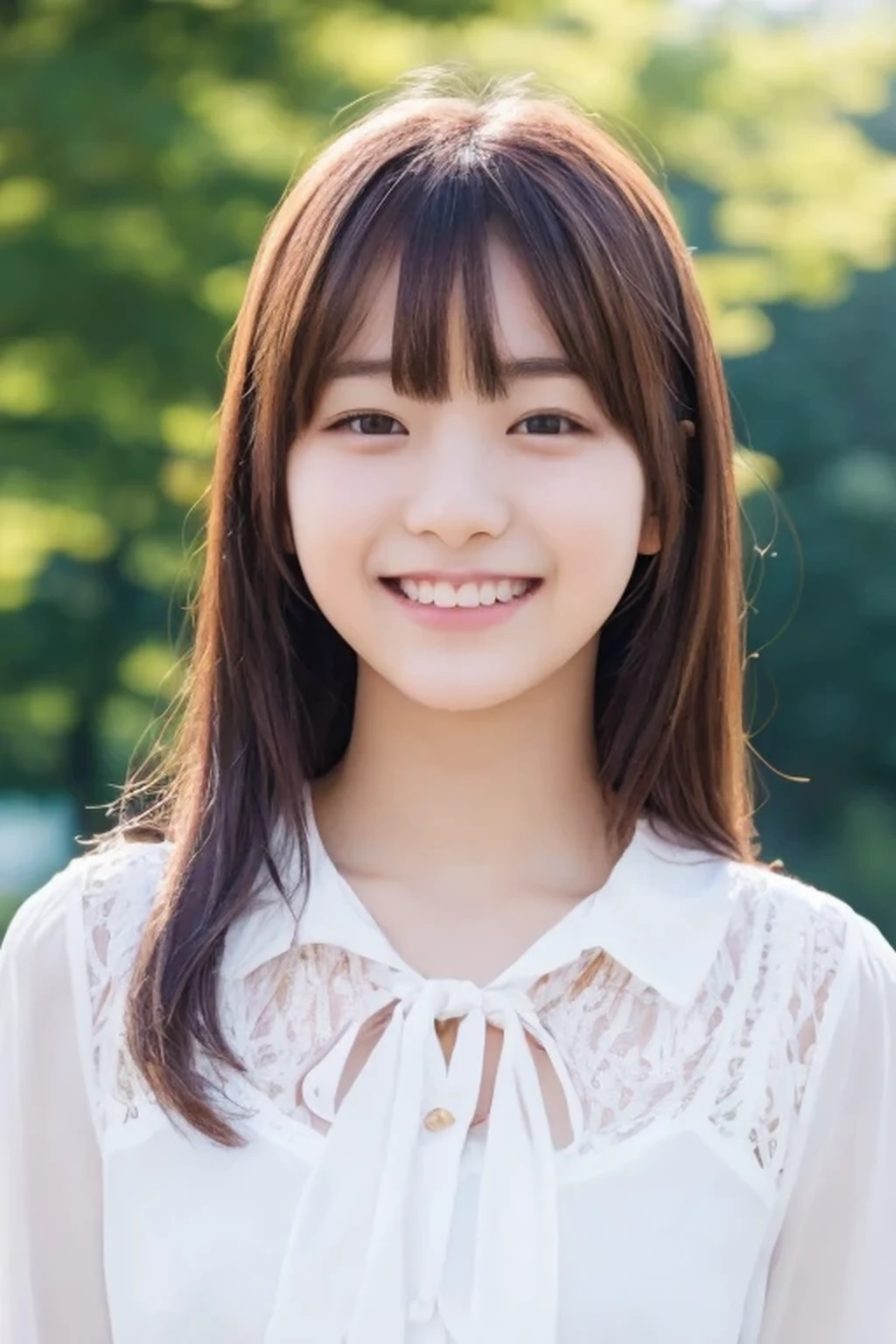 (ultra-definition、A hyper-realistic: 1.3)、Korean beautiful girl with a dazzling smile、Idol face 、(8K、Raw photo、Background blur: 1.2)、(bangss、A hyper-realisticな肌の質感: 1.4)、(Cute blouse、14 years old standing in the park: 1.5)