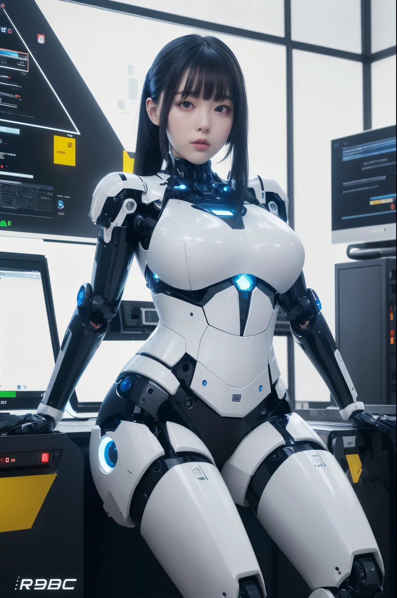 masterpiece, Highest quality, Very detailed, Japaese アンDroid girl,Portraiture,Plump,Thick,Control panel,アンDroid,Droid,Mechanical Hand, robotの腕と脚, Black Hair,Blunt bangs,perfect robot girl,Long tube,A thick cable was attached to her neck.,アンDroid,robot,humanoid,cyborg,japanese cyborg girl ,robot-assembly plant,She is now assembling,Assembly scene,Chubby,Squat