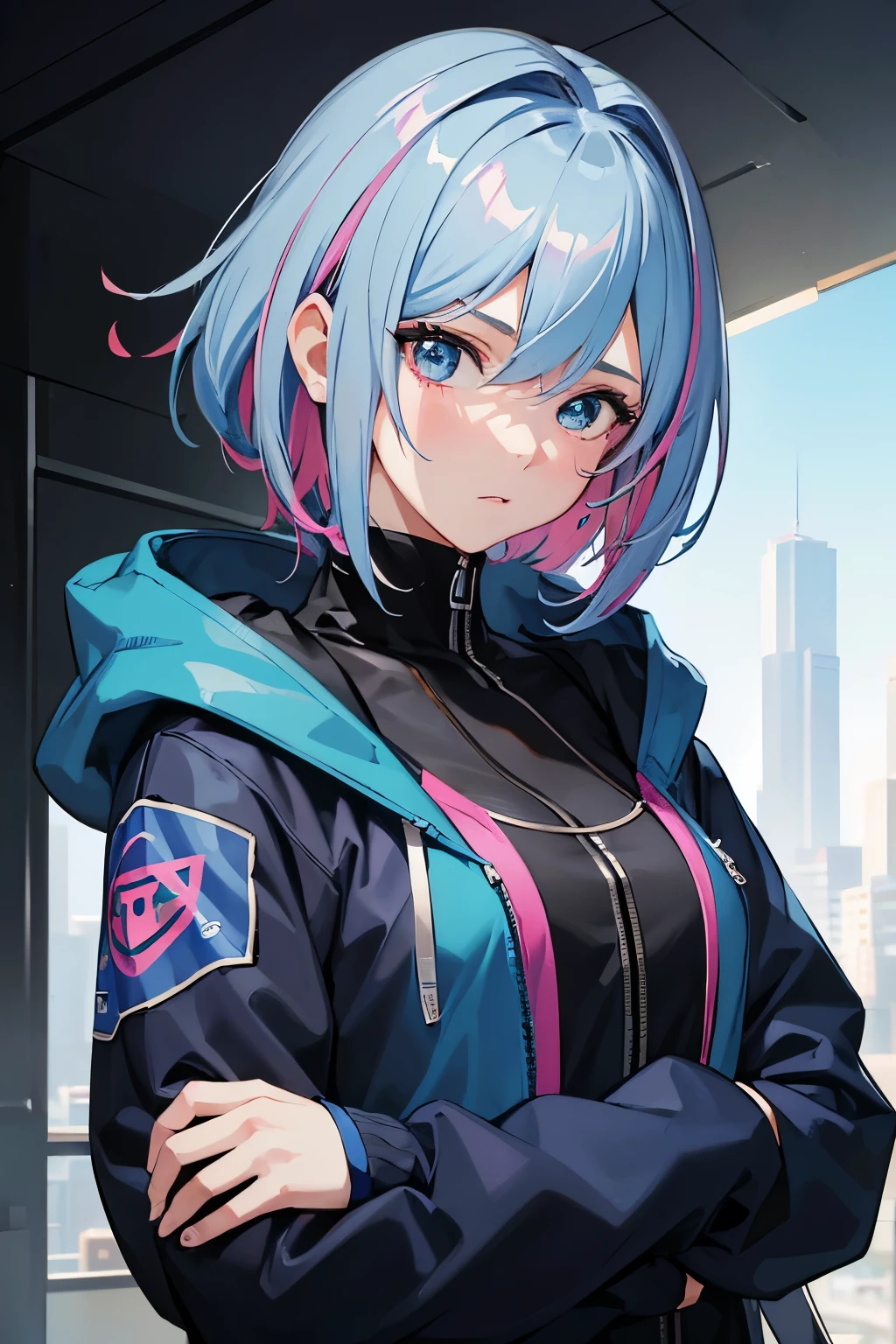masterpiece, best quality, 1girl, blue hair with pink highlights, short hair, hime cut, blue eyes, hoodie, techwear, detailed eyes, detailed facial features, realistic and high resolution (best quality, 4k, 8k, highres, masterpiece:1.2)