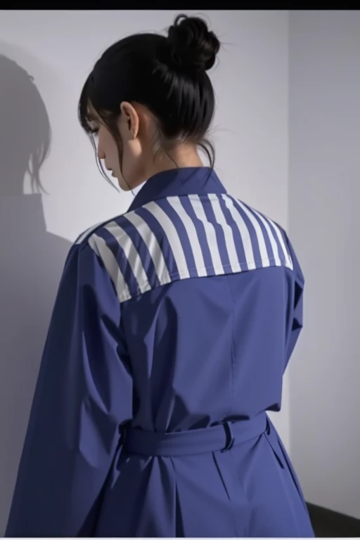 there is a woman standing in front of a white wall, 穿着灰蓝色streaked衬衫, streaked衬衫, posterior view, Photo at the back, tiedshirt, streaked, wearing a jumpsuit, showing her shoulder from back, streaked, in blouse wearing,  close-up shot from behind，Turn your head to face the camera
