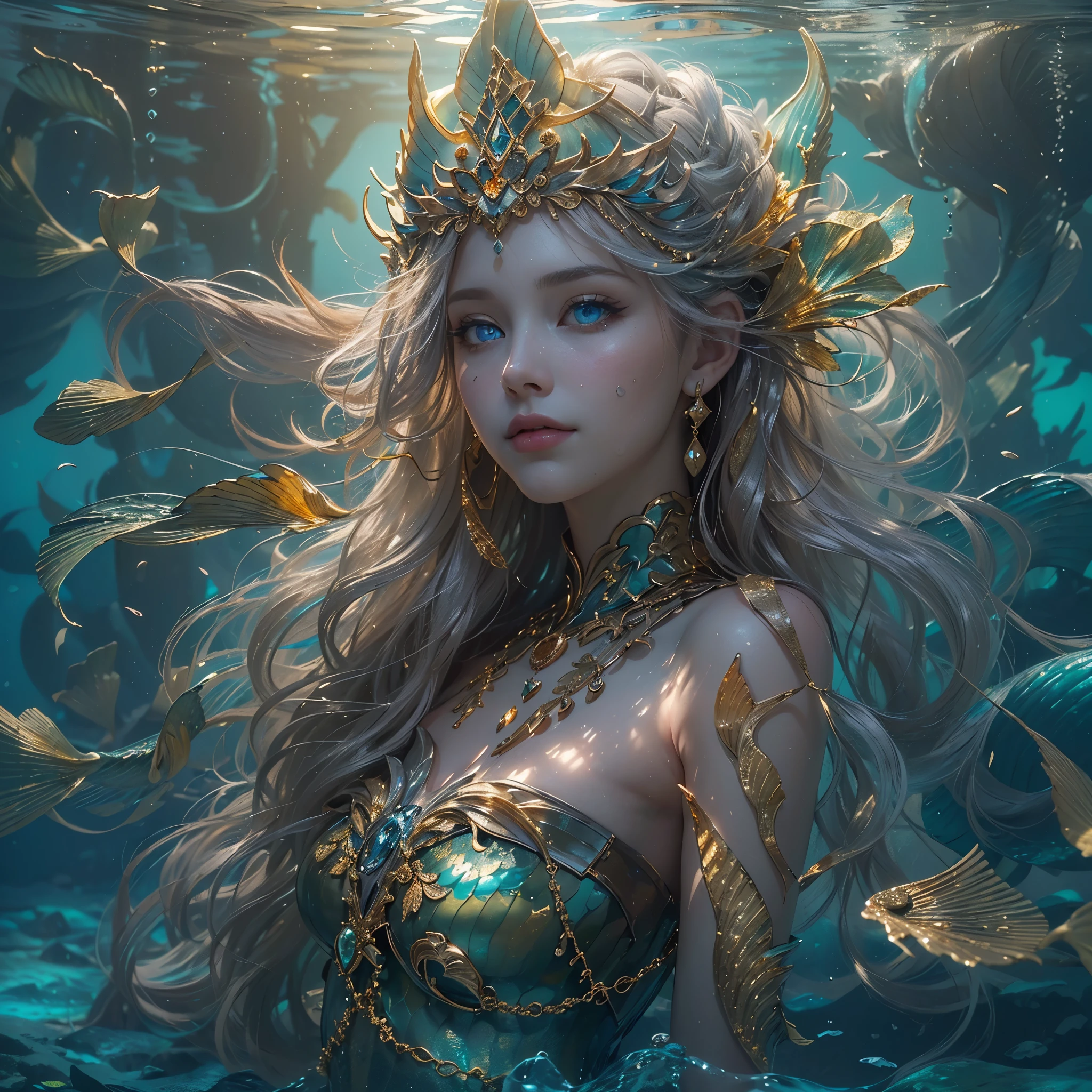 (Numerous award-winning masterpieces, with incredible detail, textures and maximum detail), (full body view:1.6), (hyper realistic:1.4), (realistic:1.3), (upper body up:0.4), (Many gold and silver treasures are sunk around: 1.8), (best quality real texture skin), (((in water))), (deep deep sea:1.5), (Dark sea at night:1.6), (finely detailed true circle Symmetrical eyes), finely detailed face, ((medieval world)), (full body view:1.6), ((mermaid)), ((mermaid princess)), ((mermaid nobility)), (burn brightly icy look in the eye), (She has a mischievous smile on her face), (Sunken ship with treasure:1.4), A temple Sunken in a coral reef, ancient Sunken city, Sunken temple, Sunken great cathedral, Sunken temple ruins, Sunken detached temple, Sunken Ruins of an ancient castle, Shining majestic water and light, coral reef, (Eyes that glow blue in the dark:1.5), (A pair of Ice-blue eyes with strong blue light emitting from within:1.5), (bio luminescence:1.5), (full body view:1.6), (Swirling water stream and tidal current in the background), (Dramatic Light), (A majestic sight), (Her countenance is gentle and beautiful), Glass earrings on the ears, (dramatic photo:1.4), ((dramatic pose)), (flamboyant photo), (golden hair), (silver hair), (chestnut hair), (full body view:1.6), ((looks up)), ((looking down)), (Around her neck is a simple necklace of exquisite workmanship), (Bio luminescence with a brilliant glow:1.3), (Use flashy Hydro magic:1.2), (beautiful fish in the surroundings), (Luminous magic circle:1.5), (full body view:1.6), epic realistic, faded, art, (Greg rutkowski:0.8), (teal and orange:0.4), (art station:1.5), cinematic, ((neutral colors)), (hdr:1.5), (muted colors:1.2), hyper detailed, dramatic light, (intricate details:1.1), complex background,