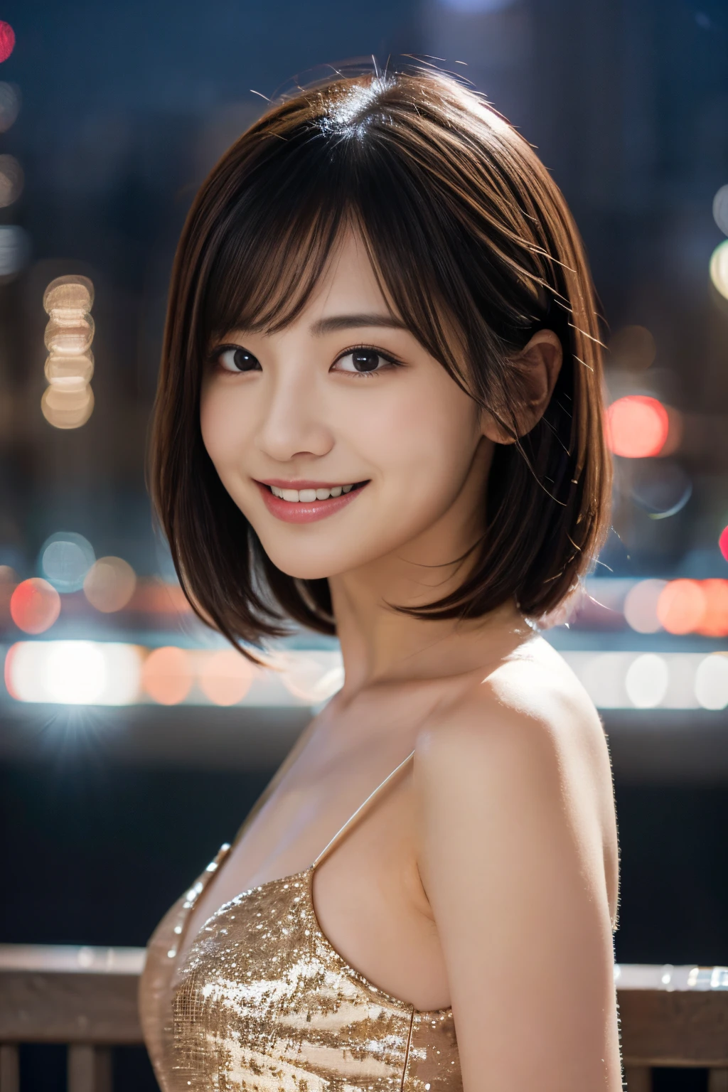 Glittering night view、sexy dress、Provocative smile、short-haired、Beautiful Japan actress、sakimichan、cinematric light， realisticlying， tmasterpiece， best qualtiy， Complex CG，Highly detailed face，High detail eyes，