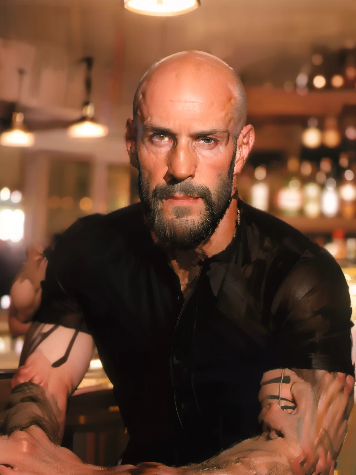 bald handsome man with beard waits at bar for drink, daddy, dark tattoos, fit body, black shirt, 40yo, sitting on stool,  sitting at the bar, dynamic lighting, lean body, motorjacket, resting head on hand