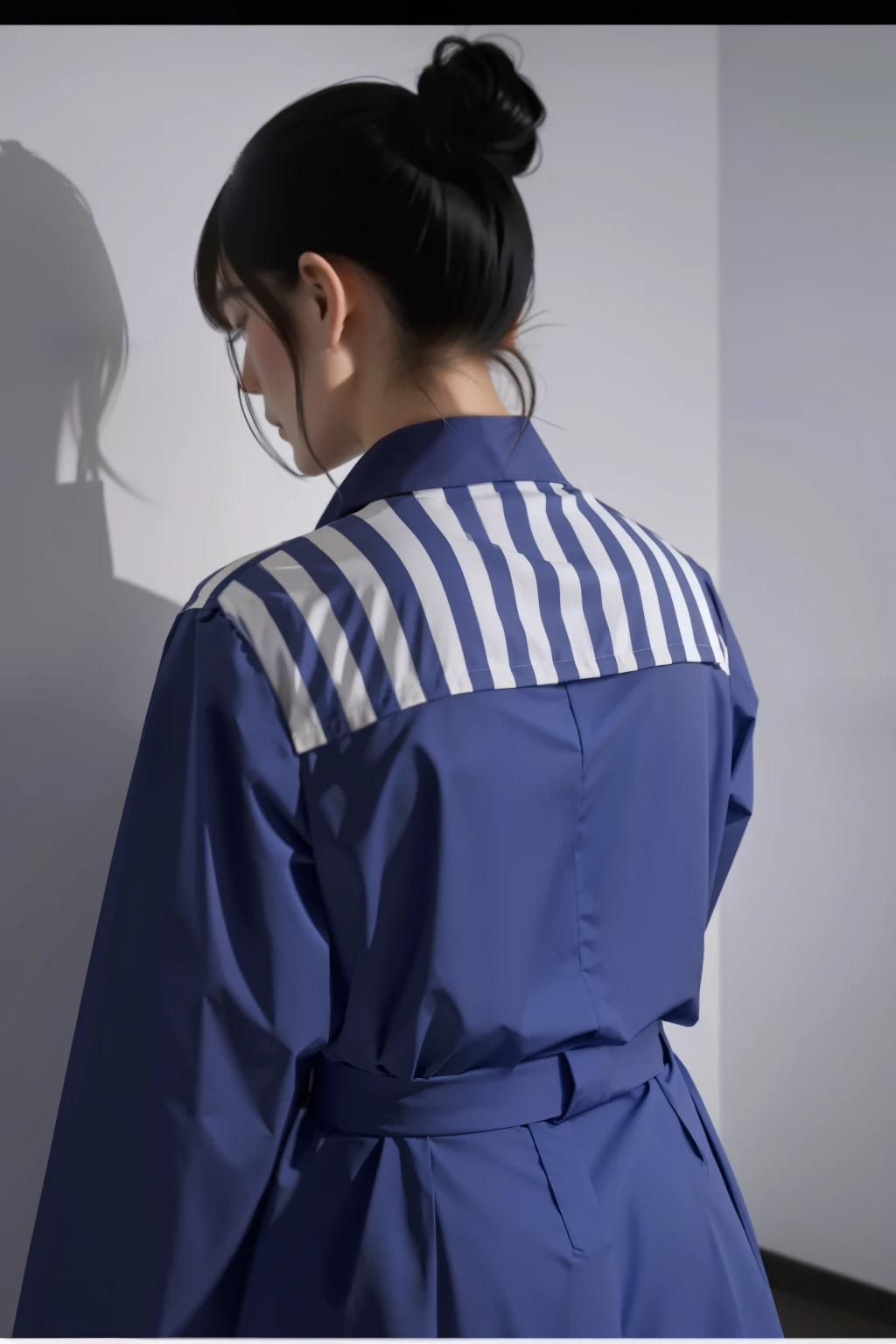 there is a woman standing in front of a white wall, 穿着灰蓝色streaked shirt, streaked shirt, posterior view, Photo at the back, tiedshirt, streaked, wearing a jumpsuit, showing her shoulder from back, streaked, in blouse wearing, close-up shot from behind,Turn your head to face the camera