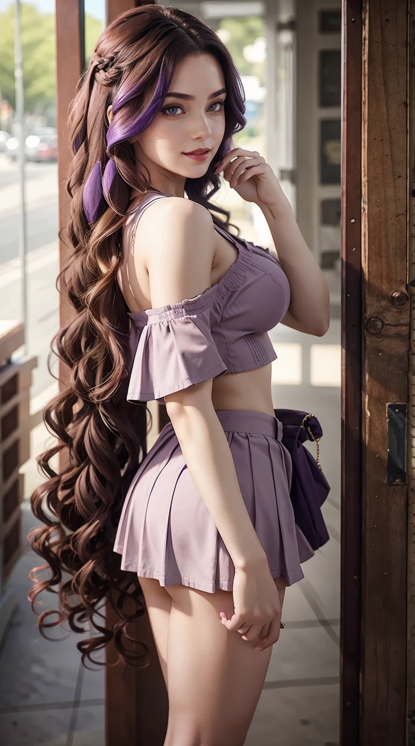 19-year-old woman、Hair color is a gradation of brunette and purple、Eye color is blue、Longhaire、hair is wavy、setting the hairstyle、wearing eye shadow and lipstick、Slender but well-proportioned muscular body、a smile、huge tit、wearing a pleated skirt、wearing off-the-shoulder tops、I put on lipstick while looking in the compact mirror.