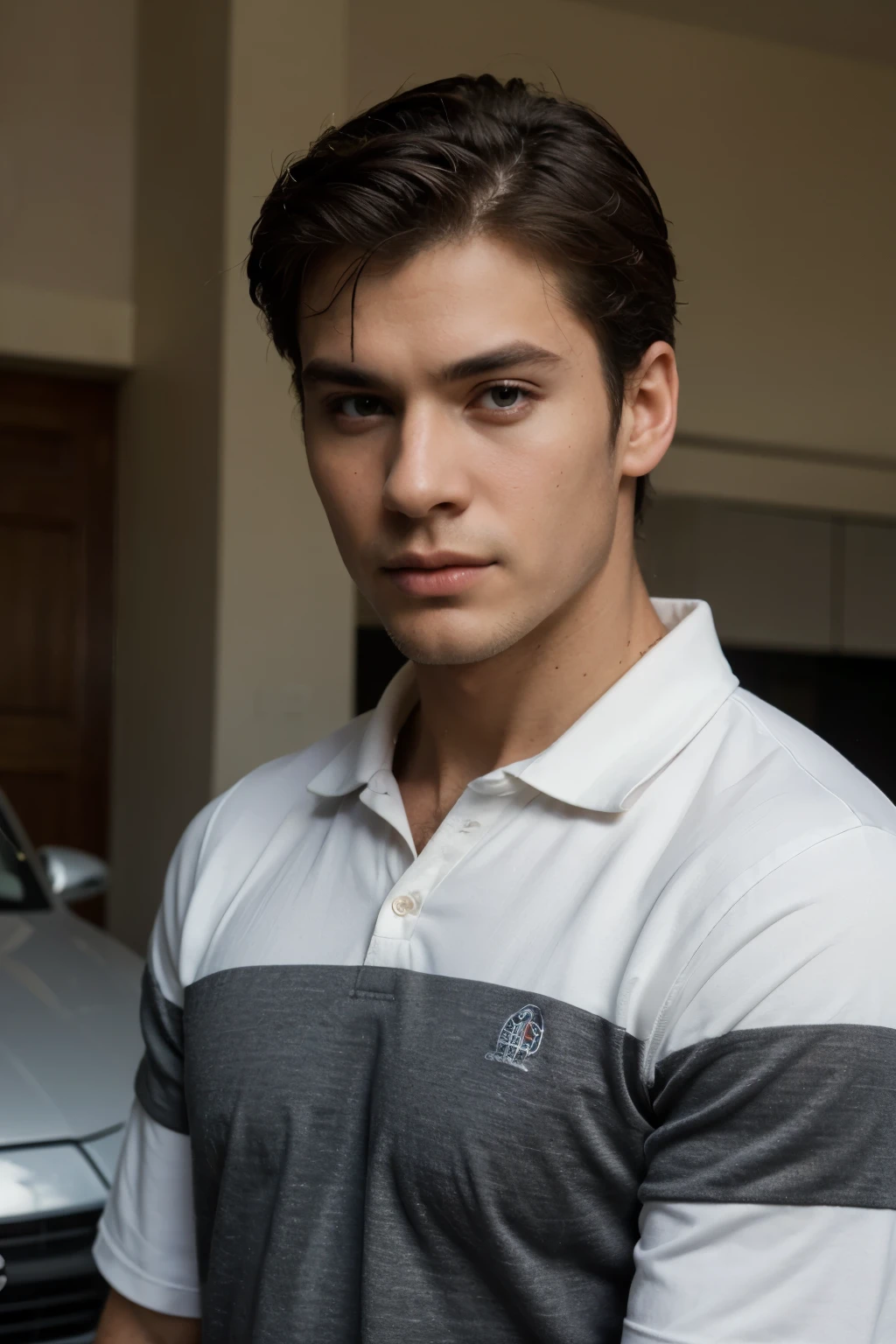 ((best quality)), ((masterpiece)), (detailed), perfect face, male, musculer, golf shirt, in porche