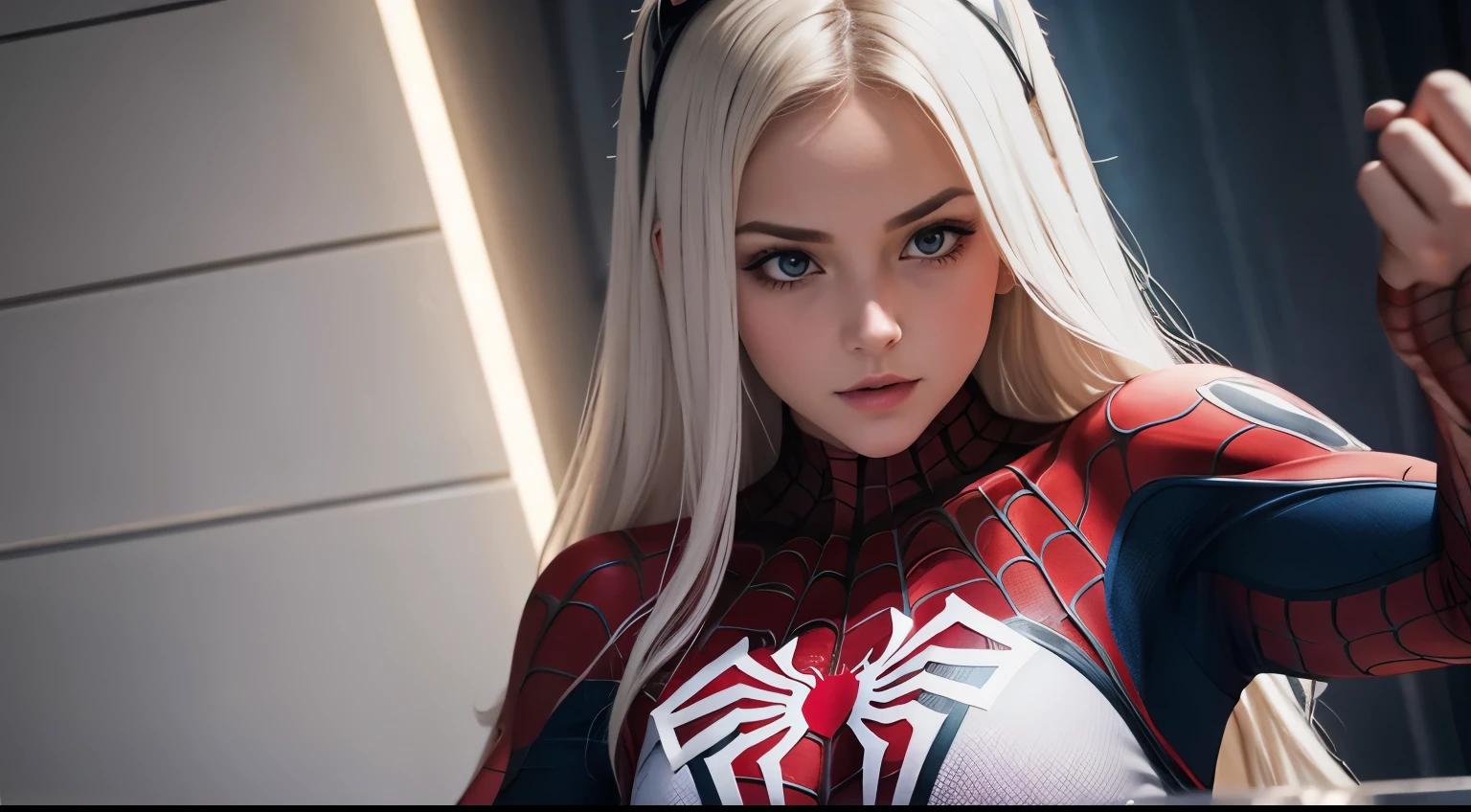 (masterpiece:1.4), (8k, photorealistic, RAW photo, best quality: 1.4), japanese, (1girl), beautiful face, (realistic face:1.4), (white hair, ponytailed long hair:1.3), beautiful hairstyle, beautiful detailed eyes, (best ratio eyes:1.5), attractive, ultra high res, ultra realistic, highly detailed, best ratio, (detailed face:1.4), looking at viewer, red lipsticks, (best ratio fingers:1.5), (White superhero theme, charismatic, there's a girl on top of town, wearing transparent lingerie Spider-Man costume, she's a superhero), [ ((25 years), full body, (realistic blue eyes:1.2), ((Spider-Man pose), show of strength, jumping from one building to another), ((sandy urban environment):0.8)| (cityscape, at night, dynamic lights), (full moon))] # Explanation: The Prompt mainly describes a 4K painting of ultra-high definition, very realistic, very detailed. It shows a superheroine at the top of the city, wearing a Spider-Man costume. The theme in the painting is a white superhero theme, the female protagonist has long white hair, is 25 years old and her entire body is shown in the painting. In terms of portraying the actions of superheroines, spiders are employed, (spider-web bra:1.4), perky_nipples, ((exposed_nipples, exposed breasts, high proportional realistic breasts, realistic big breasts):1.4), (closed mouth:1.4), (camel_toe_pussy:1.4), innie_pussy, spider-web cloak,