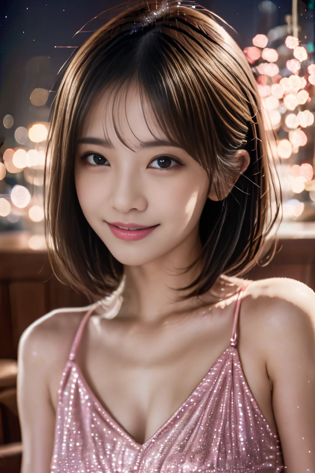 Glittering night view、Sexy pink dress、Wink with a provocative smile、short-haired、beautiful blonde japanese actress、sakimichan、cinematric light， realisticlying， tmasterpiece， best qualtiy， Complex CG，Highly detailed face，High detail eyes，The mouth is shaped like a KISS