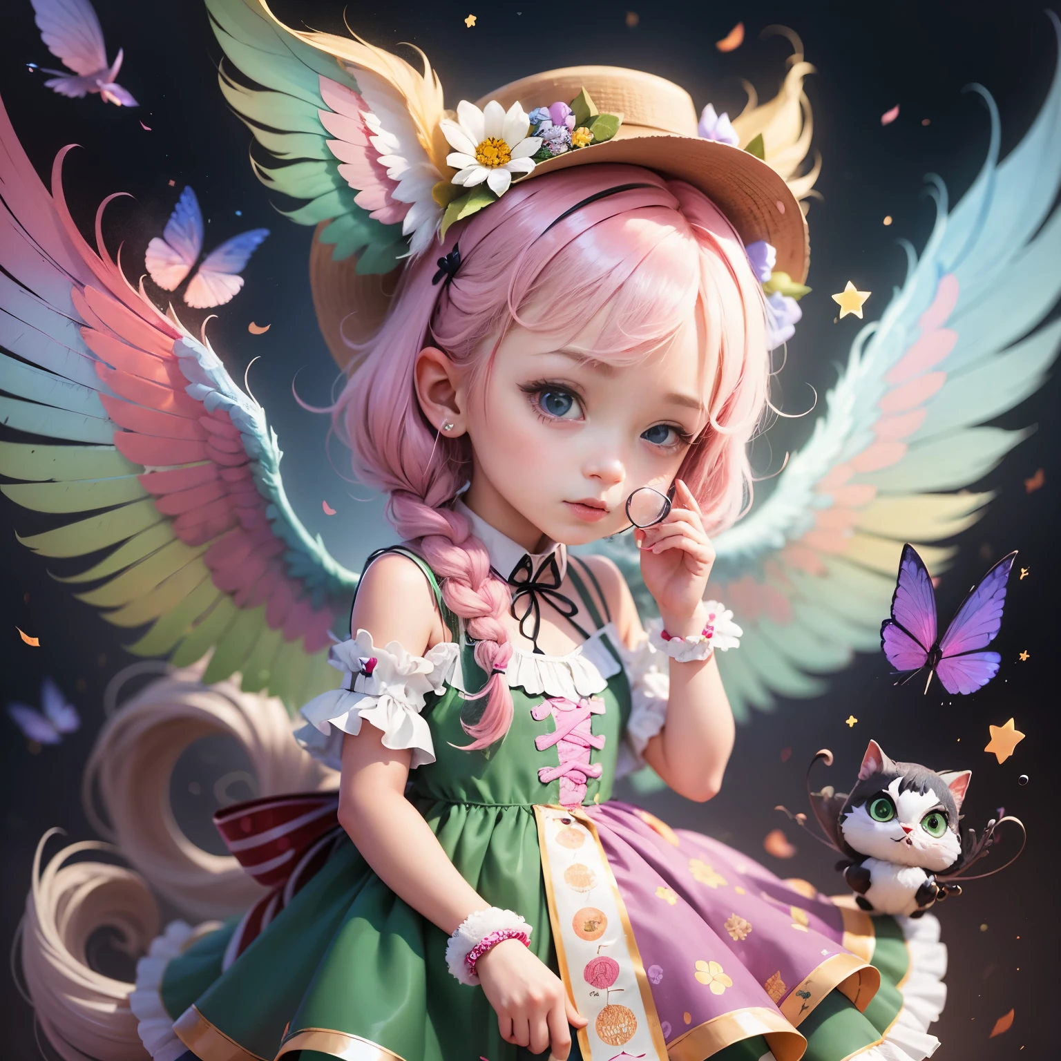 A girl in a colorful hat and a dress with pairs of wings on her back, chibi girl, loli in dress, loli, kawaii chibi, inspired by lyki, chibi art, inspired by Tahara Gu Soda, inspired by Yunduxue, inspired by Wang Lu --auto