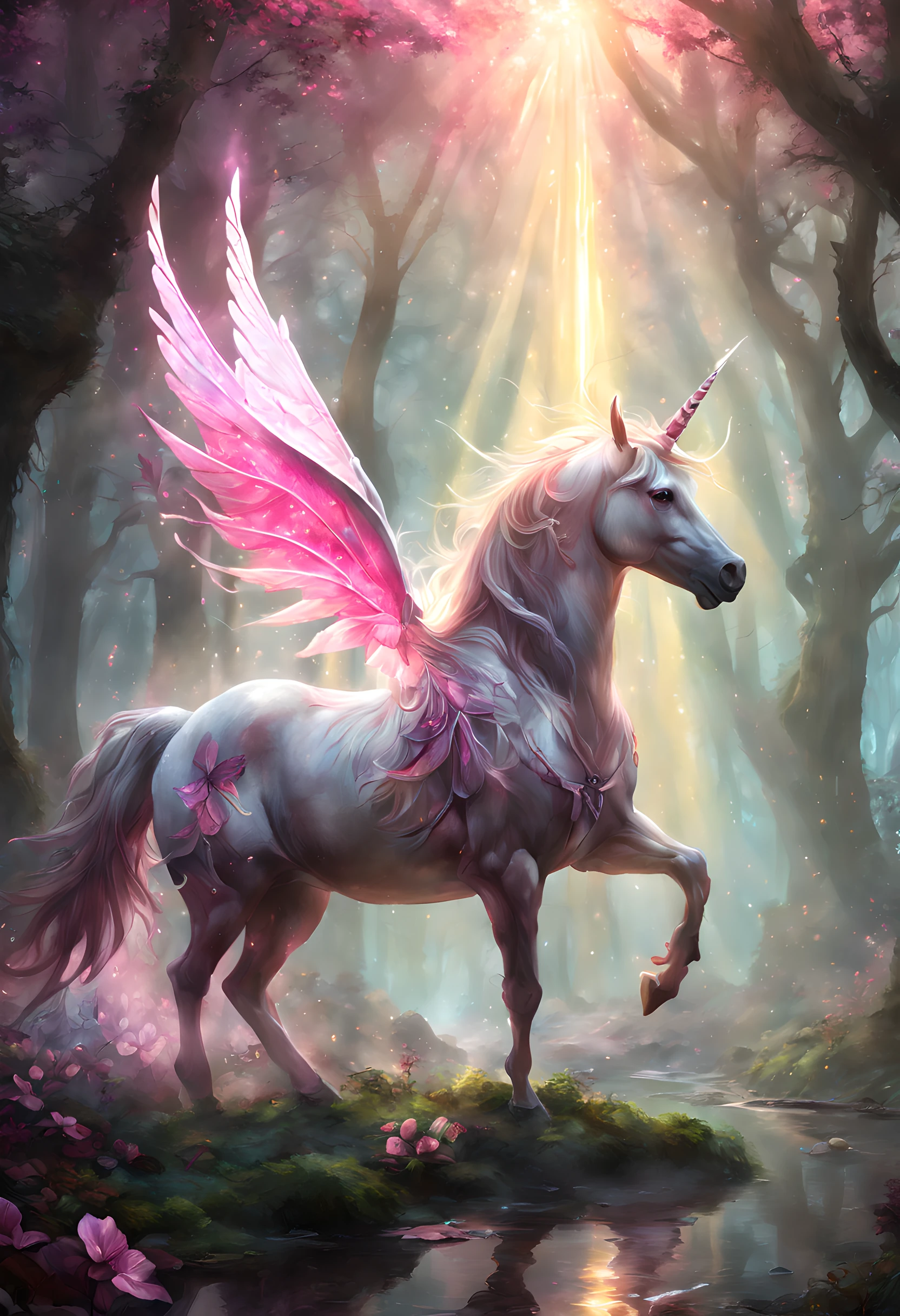 a picture of a unicorn in a forest clearing, drkfntasy an epic unicorn (best detailed, Masterpiece, best quality)  watching a forest clearing, there are plenty of trees and flowers, the leaves glow in colors GlowingRunes_pink, the vines glow GlowingRunes_red, leaves glow,  GlowingRunesAI_purple a stream of water, sunset light, sun rays, DruidMagicAI, glowing butterfly, fantasy art, forest magic magv1ll, D&D art, RPG art, magical atmosphere magic-fantasy-forest, ultra best realistic, best details, best quality, 16k, [ultra detailed], masterpiece, best quality, (extremely detailed), ultra wide shot, photorealism, depth of field, hyper realistic painting, 3D render