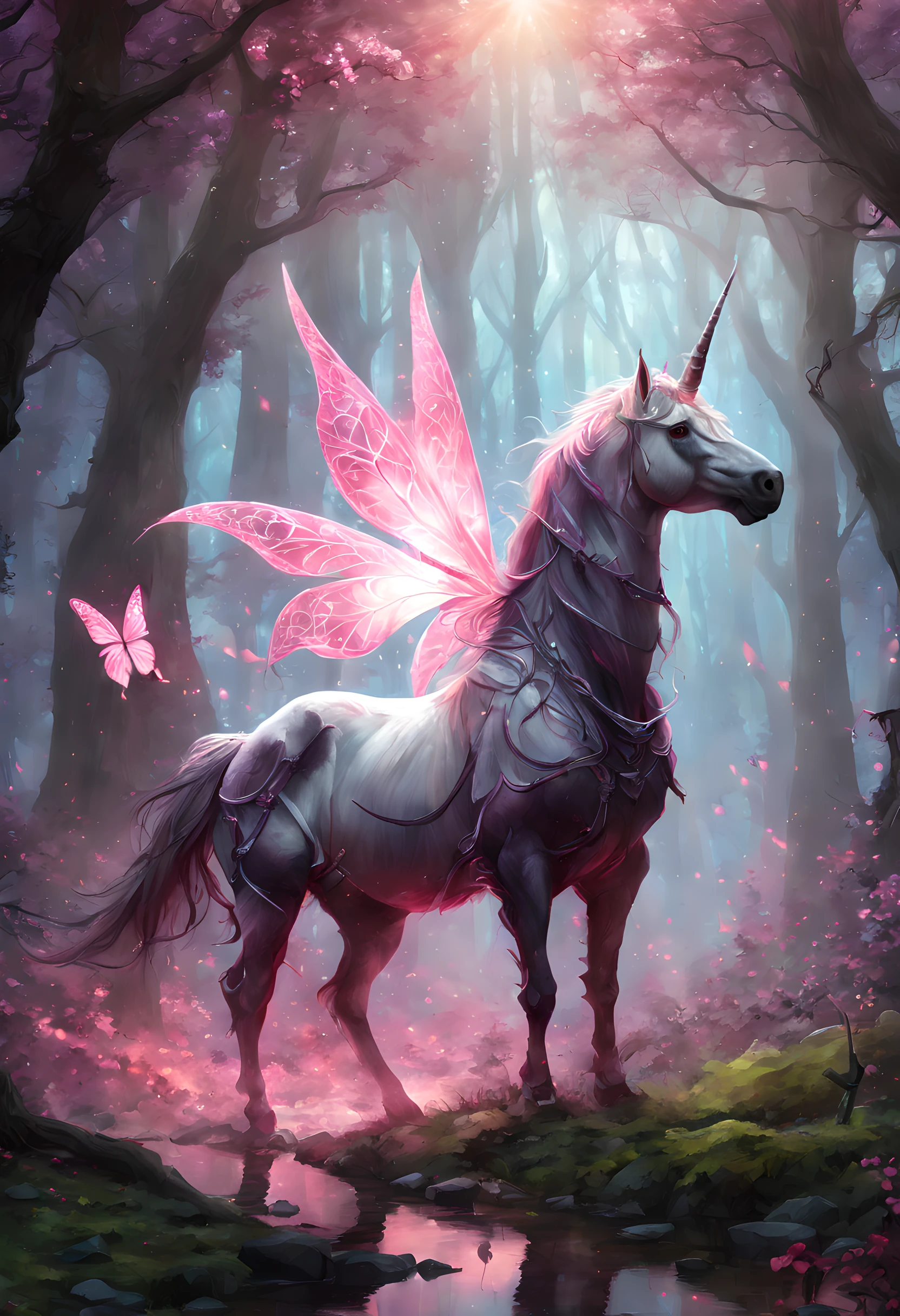 a picture of a unicorn in a forest clearing, drkfntasy an epic unicorn (best detailed, Masterpiece, best quality)  watching a forest clearing, there are plenty of trees and flowers, the leaves glow in colors GlowingRunes_pink, the vines glow GlowingRunes_red, leaves glow,  GlowingRunesAI_purple a stream of water, sunset light, sun rays, DruidMagicAI, glowing butterfly, fantasy art, forest magic magv1ll, D&D art, RPG art, magical atmosphere magic-fantasy-forest, ultra best realistic, best details, best quality, 16k, [ultra detailed], masterpiece, best quality, (extremely detailed), ultra wide shot, photorealism, depth of field, hyper realistic painting, 3D render