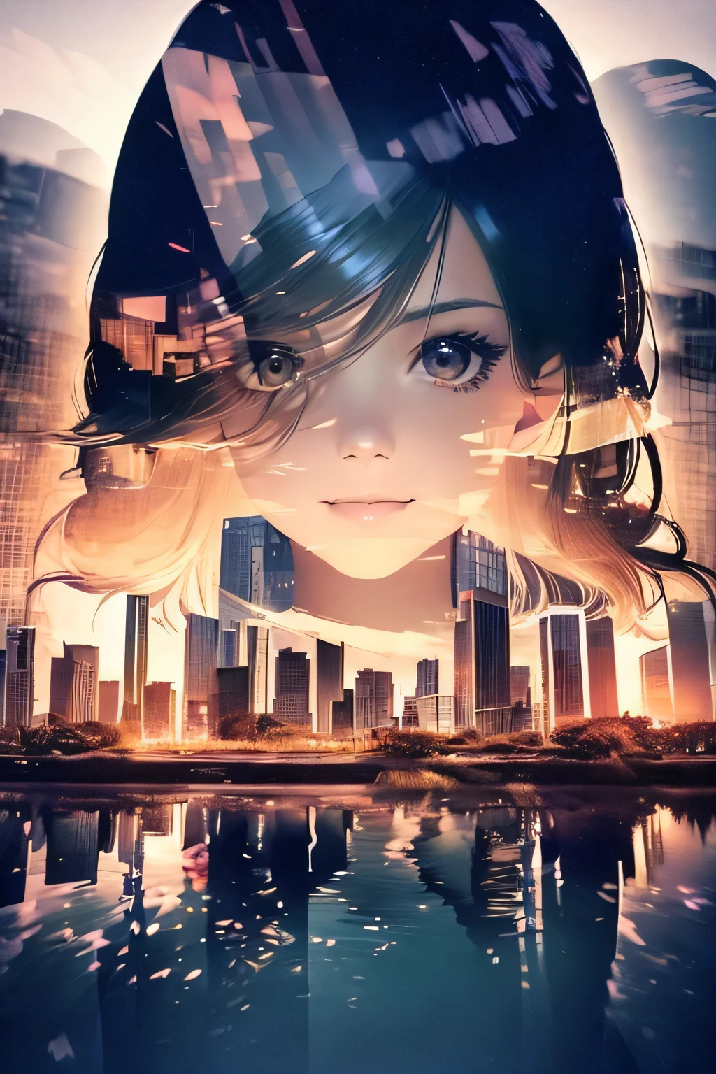 photoRealstic、((Super multiple exposure effect where the background can be seen through the clothes))、girl with、A smile、Lakeside in the background、Wonderful、towards the night view, If you leave the shutter open for a long time、create a line of light.