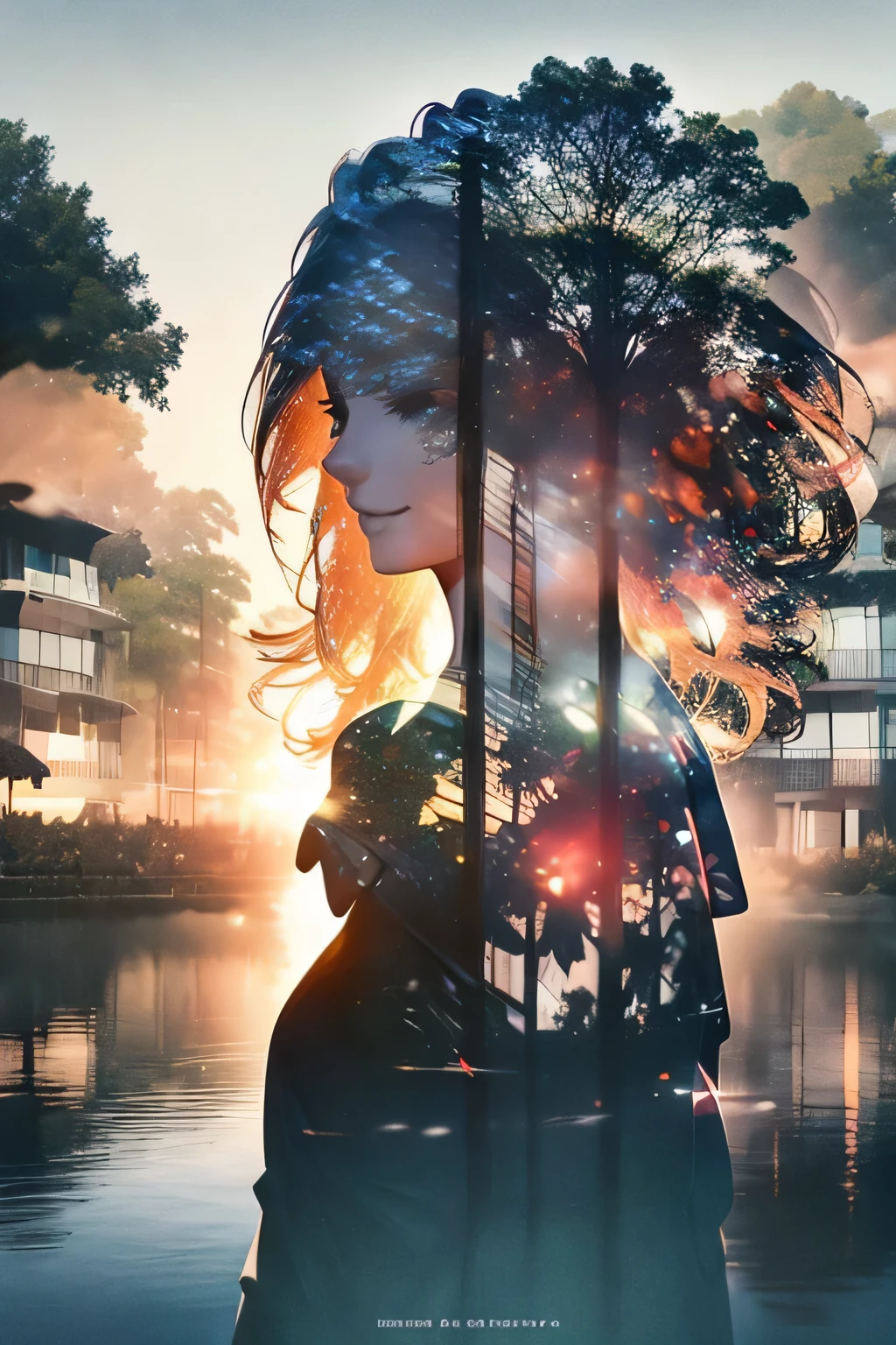 photoRealstic、((Super multiple exposure effect where the background can be seen through the clothes))、girl with、A smile、Lakeside in the background、Wonderful、towards the night view, If you leave the shutter open for a long time、create a line of light.