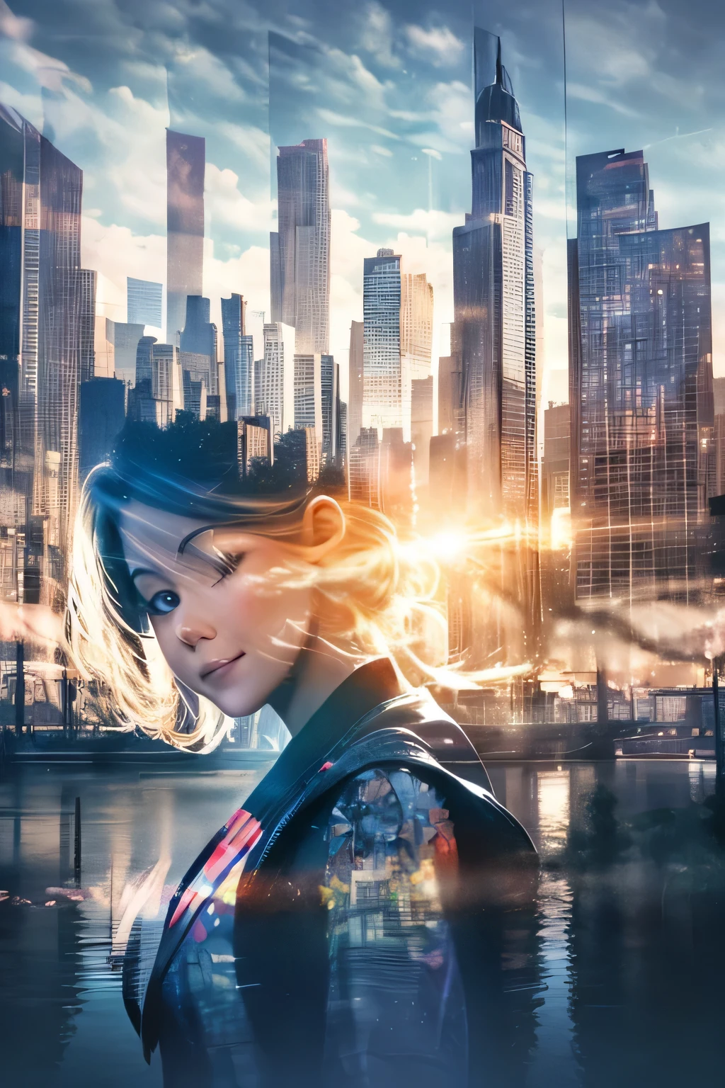photoRealstic、((Super multiple exposure effect where the background can be seen through the clothes))、girl with、A smile、Lakeside in the background、Wonderful、towards the night view, If you leave the shutter open for a long time、create a line of light.