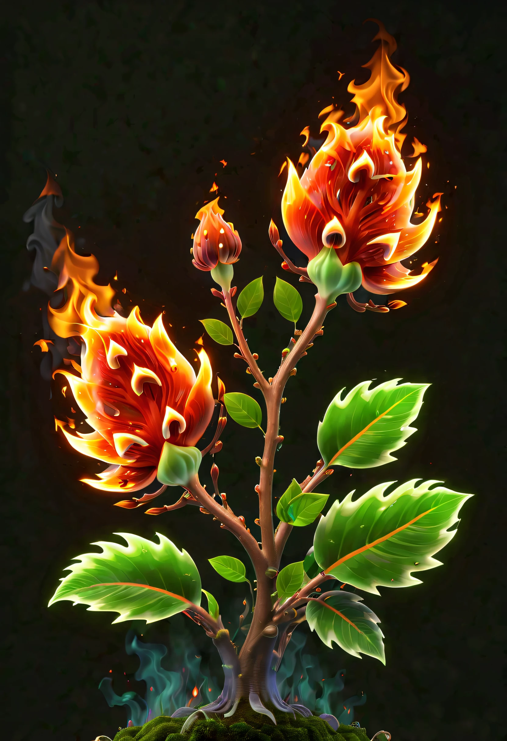 Colored crystal style,(a magical plant,beautiful rafflesia,Half of its stems and leaves are made of flames,The other half is a natural plant-grown flower,The flowers are very bright and beautiful,Available in a variety of colors and shapes,The flame glows。The flame composition on the stems and leaves presents a delicate structure and complex textures,Has a cool flame texture),branches full of flames, Plants covered in flames, Cute 3d rendering, Rendering in Cinema 4D Octane, blender art, Cinema 4D color rendering, 非常Detailed pubic hair快乐照片, rendered in cinema4d, Colorful octane rendering, A vibrant one, The beautiful, semi transparent, iintricate, Detailed pubic hair, theelementoffire