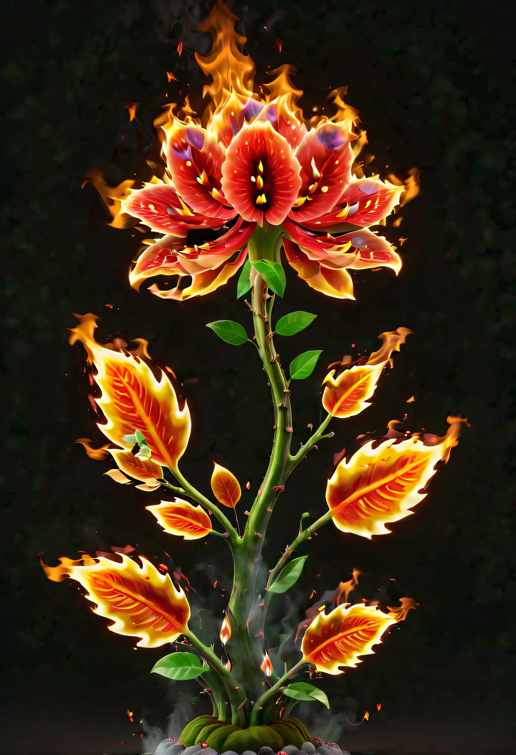 Colored crystal style,(a magical plant,beautiful rafflesia,Half of its stems and leaves are made of flames,The other half is a natural plant-grown flower,The flowers are very bright and beautiful,Available in a variety of colors and shapes,The flame glows。The flame composition on the stems and leaves presents a delicate structure and complex textures,Has a cool flame texture),branches full of flames, Plants covered in flames, Cute 3d rendering, Rendering in Cinema 4D Octane, blender art, Cinema 4D color rendering, 非常Detailed pubic hair快乐照片, rendered in cinema4d, Colorful octane rendering, A vibrant one, The beautiful, semi transparent, iintricate, Detailed pubic hair, theelementoffire, explosion art style