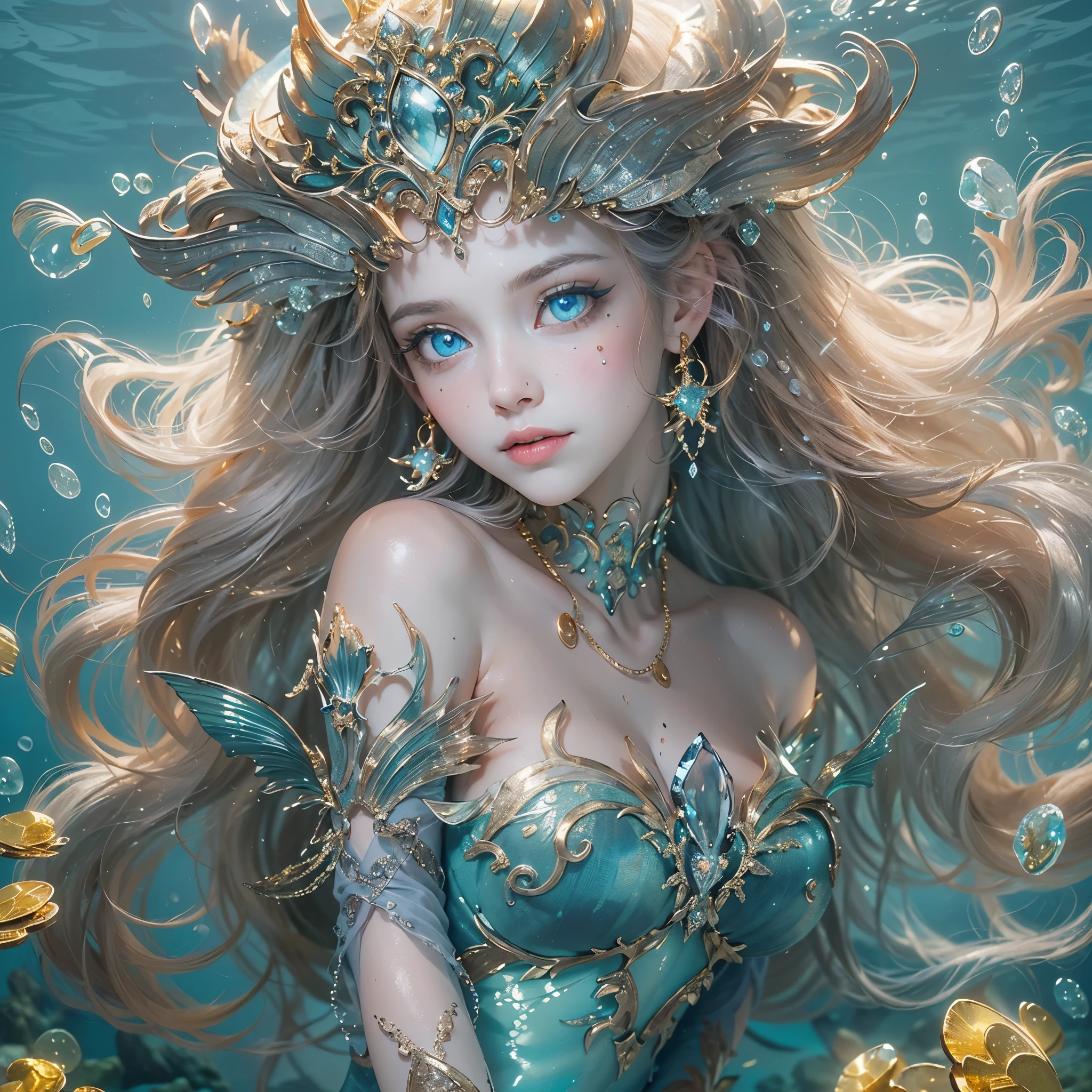 (Numerous award-winning masterpieces, with incredible detail, textures and maximum detail), (full body view:1.6), (hyper realistic:1.4), (realistic:1.3), (upper body up:0.4), (Many gold and silver treasures are sunk around: 1.8), (best quality real texture skin), (((in water))), (deep deep sea:1.5), (Dark sea at night:1.6), (finely detailed true circle Symmetrical eyes), finely detailed face, ((medieval world)), (full body view:1.6), ((mermaid)), ((mermaid princess)), ((mermaid nobility)), (burn brightly icy look in the eye), (She has a mischievous smile on her face), (Sunken ship with treasure:1.4), A temple Sunken in a coral reef, ancient Sunken city, Sunken temple, Sunken great cathedral, Sunken temple ruins, Sunken detached temple, Sunken Ruins of an ancient castle, Shining majestic water and light, coral reef, (Eyes that glow blue in the dark:1.5), (A pair of Ice-blue eyes with strong blue light emitting from within:1.5), (bio luminescence:1.5), (full body view:1.6), (Swirling water stream and tidal current in the background), (Dramatic Light), (A majestic sight), (Her countenance is gentle and beautiful), Glass earrings on the ears, (dramatic photo:1.4), ((dramatic pose)), (flamboyant photo), (golden hair), (silver hair), (chestnut hair), (full body view:1.6), ((looks up)), ((looking down)), (Around her neck is a simple necklace of exquisite workmanship), (Bio luminescence with a brilliant glow:1.3), (Use flashy Hydro magic:1.2), (beautiful fish in the surroundings), (Luminous magic circle:1.5), (full body view:1.6), epic realistic, faded, art, (Greg rutkowski:0.8), (teal and orange:0.4), (art station:1.5), cinematic, ((neutral colors)), (hdr:1.5), (muted colors:1.2), hyper detailed, dramatic light, (intricate details:1.1), complex background,