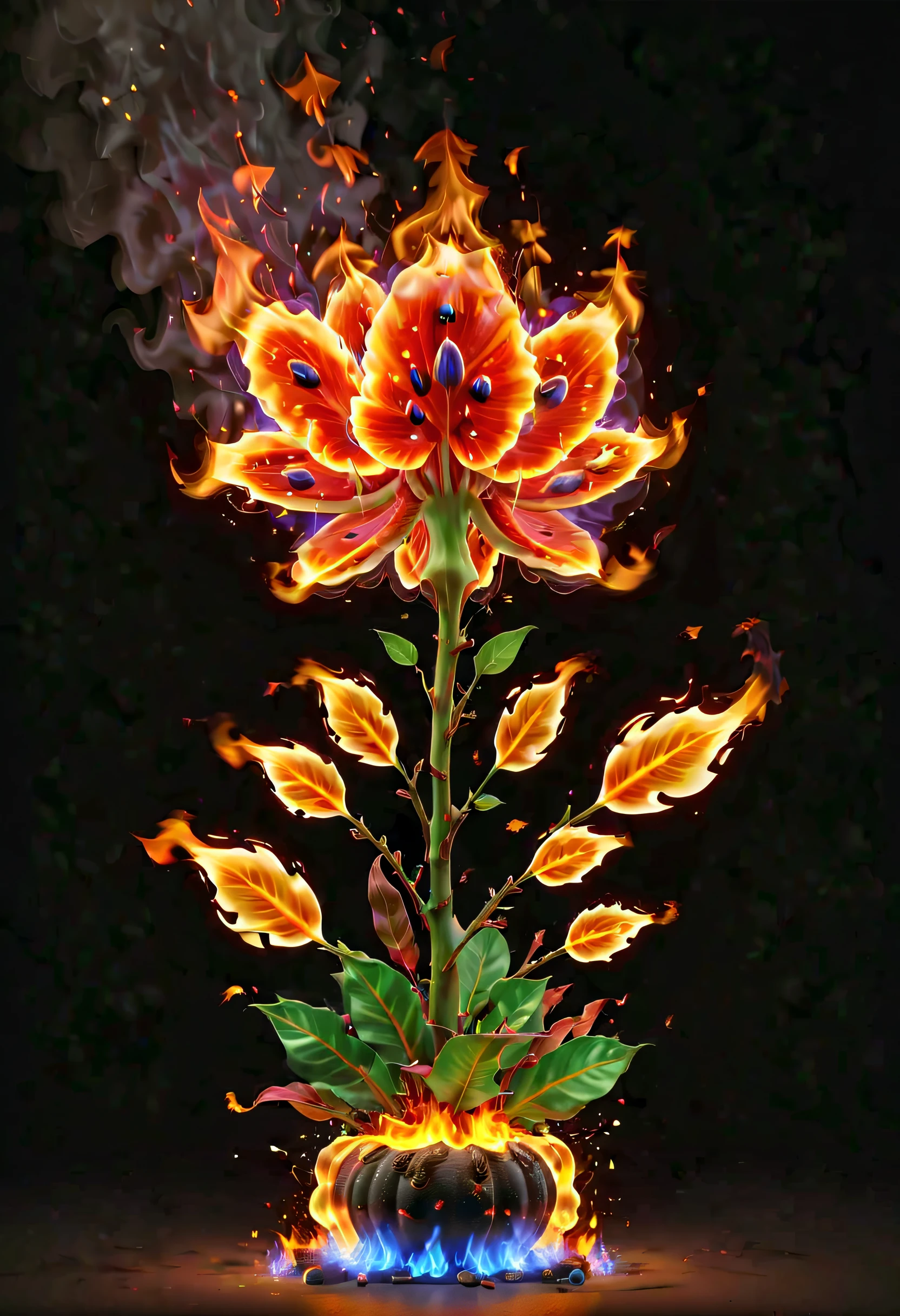 Colored crystal style，(a magical plant，beautiful rafflesia，Half of its stems and leaves are made of flames，The other half is a natural plant-grown flower，The flowers are very bright and beautiful，Available in a variety of colors and shapes，The flame glows。The flame composition on the stems and leaves presents a delicate structure and complex textures，Has a cool flame texture)，branches full of flames, Plants covered in flames, Cute 3d rendering, Rendering in Cinema 4D Octane, blender art, Cinema 4D color rendering, 非常Detailed pubic hair快乐照片, rendered in cinema4d, Colorful octane rendering, A vibrant one, The beautiful, semi transparent, iintricate, Detailed pubic hair, theelementoffire, explosion art style