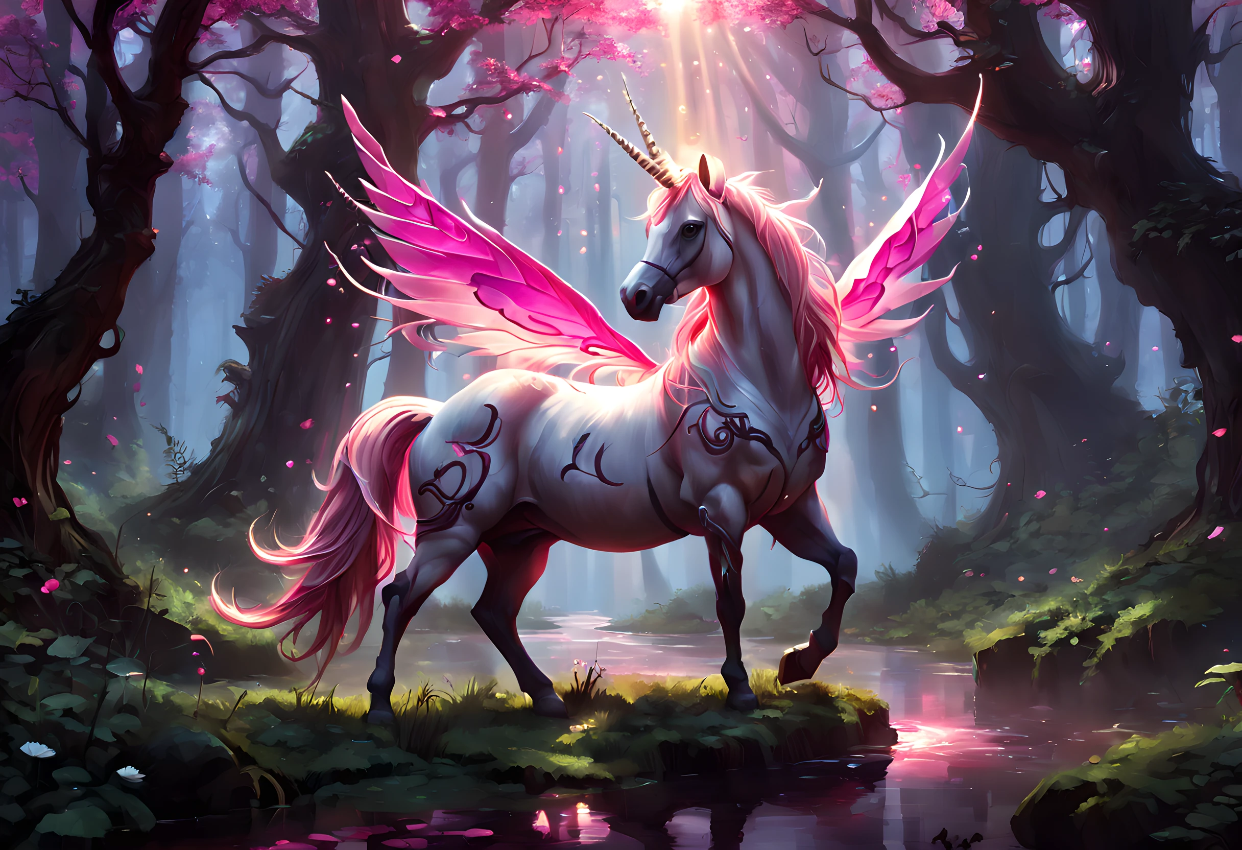 a picture of a unicorn in a magical forest clearing, drkfntasy an epic unicorn (best detailed, Masterpiece, best quality)  watching a forest clearing, there are plenty of trees and flowers, the leaves glow in colors GlowingRunes_pink, the vines glow GlowingRunes_red, leaves glow,  GlowingRunesAI_purple a stream of water, sunset light, sun rays, DruidMagicAI, glowing butterfly, fantasy art, forest magic magv1ll, D&D art, RPG art, magical atmosphere magic-fantasy-forest, ultra best realistic, best details, best quality, 16k, [ultra detailed], masterpiece, best quality, (extremely detailed), ultra wide shot, photorealism, depth of field, hyper realistic painting, 3D render