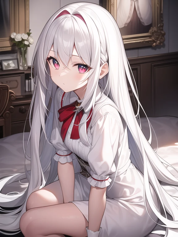 ((tmasterpiece, Best quality at best))++, detailedlight+, Detail hair+, Detail hands+ ,1个Giant Breast Girl, maam, long whitr hair, dark red eye, pretty eyes, Young gray hair,,(beautiful white hair:1.5),(美丽细致的眼睛), A high resolution+, blacksilk , a black skirt, Glass tones, Reflective eyes, {{angled}} , Extremely detailed wallpapers, Original, ,