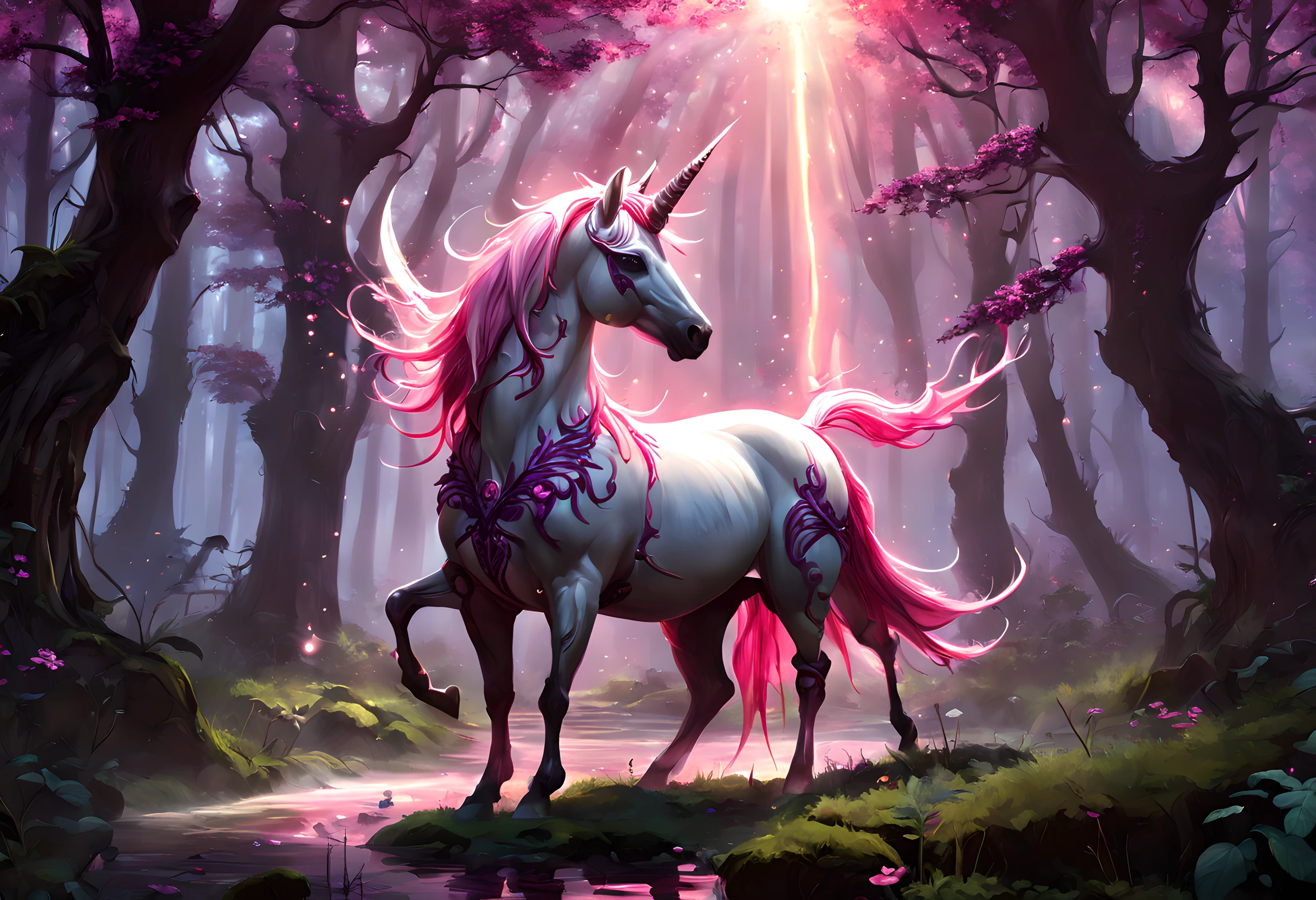 a picture of a unicorn in a magical forest clearing, drkfntasy an epic unicorn (best detailed, Masterpiece, best quality)  watching a forest clearing, there are plenty of trees and flowers, the leaves glow in colors GlowingRunes_pink, the vines glow GlowingRunes_red, leaves glow,  GlowingRunesAI_purple a stream of water, sunset light, sun rays, DruidMagicAI, glowing butterfly, fantasy art, forest magic magv1ll, D&D art, RPG art, magical atmosphere magic-fantasy-forest, ultra best realistic, best details, best quality, 16k, [ultra detailed], masterpiece, best quality, (extremely detailed), ultra wide shot, photorealism, depth of field, hyper realistic painting, 3D render