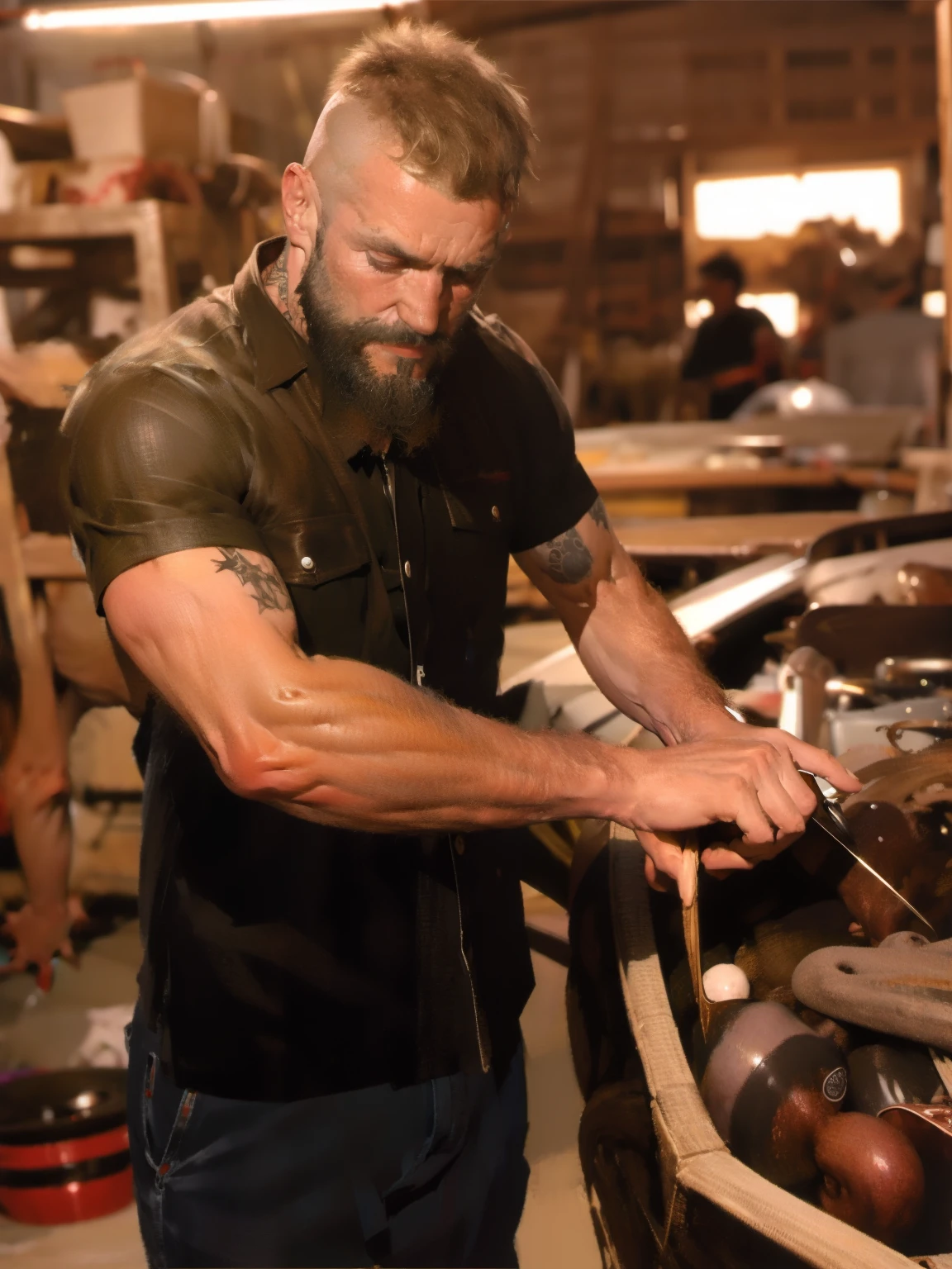 man working on his car, carpenter clothing, dirty, handsome, beard, bad, tattoos, piercings, garage, motorwear, grey and red clothing