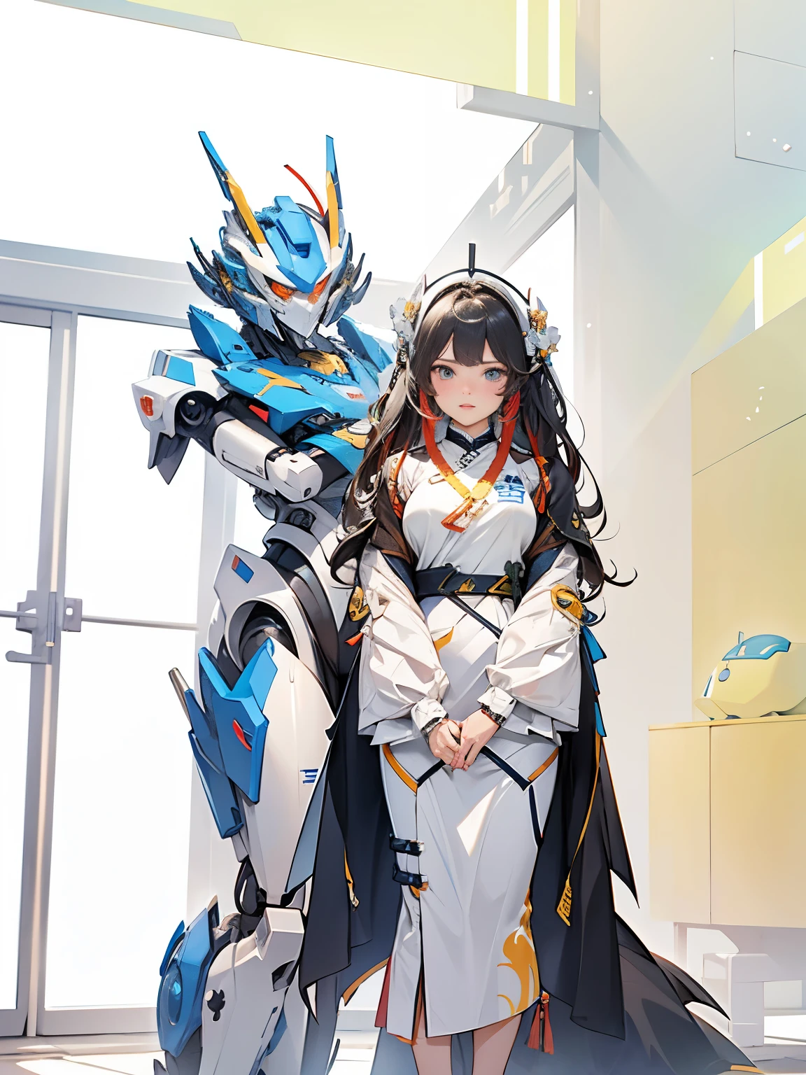 There is a woman standing in front of the robot, xintong chen, wenfei ye, wenjun lin, qifeng lin, chengyou liu, 8K photos, Xision Wu, with robot dragon head, from Transformers, wei wang, qichao wang, pengzhen zhang, xiaolong wang, li zixin, jinyiwei