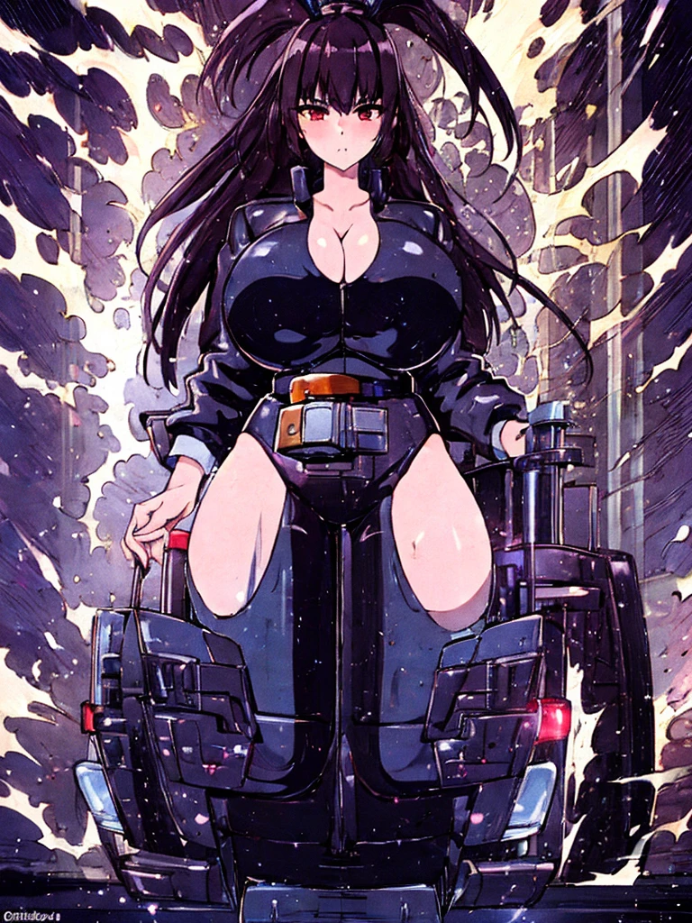 (masterpiece, ultra high resolution, best quality:1.5), full body, solo, 1girl, sana sunomiya. wide hips, long legs muscular legs, thick thighs, ass that can be seen from the front. lovestruck expression, thick lips, lipstick, smoky eyeshadow, colored eye lashes. platform high heel boots, shiny accessories, large breasts, long hair, bangs, black hair, detailed eyes, finely detailed, fine detail, deep shadows, hard shadows only, defined musculature, cinematic, intense lighting