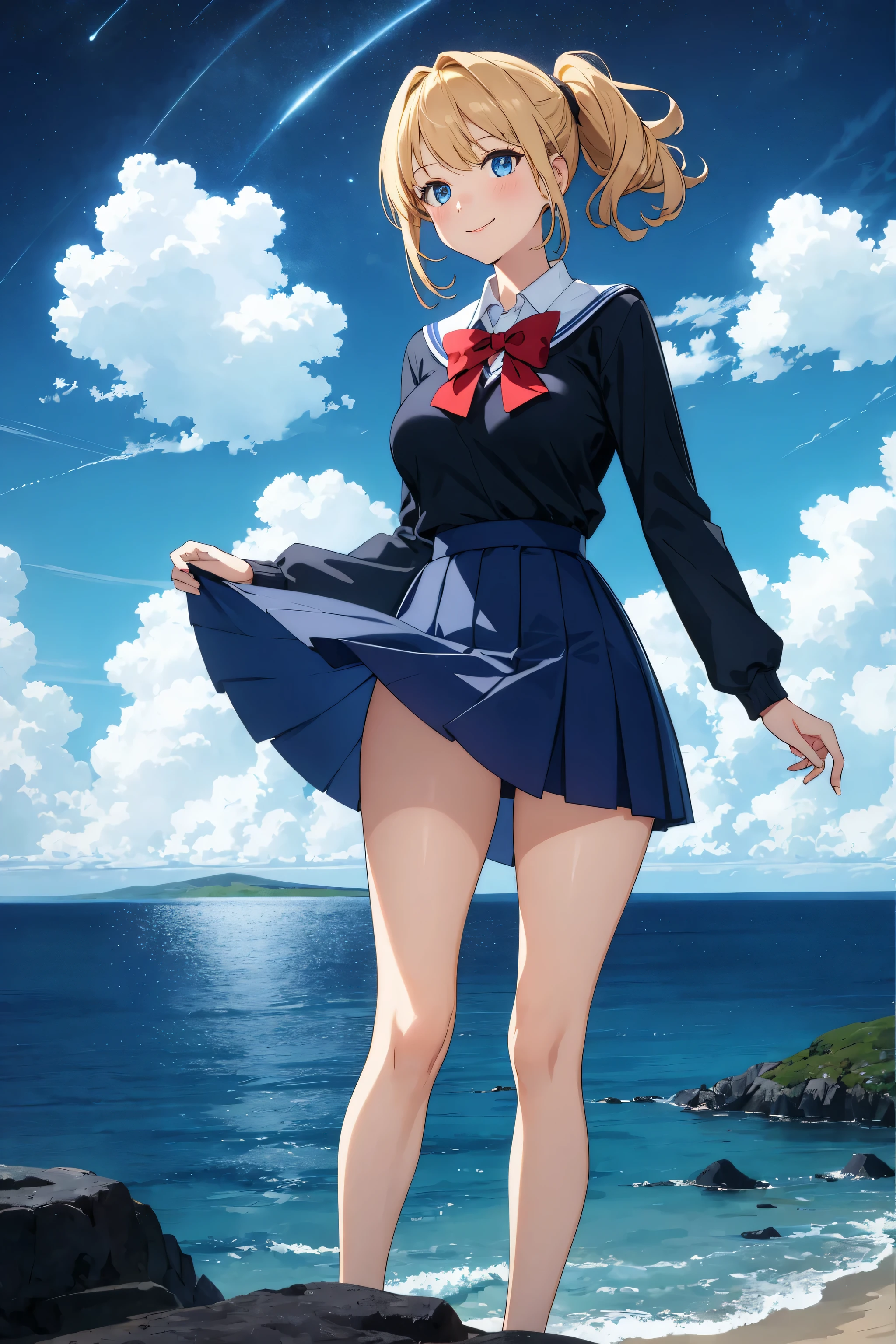 (tmasterpiece, Best quality), Cute big breasts,
mid hair, Blonde hair, curlies, side ponytails, eBlue eyes, middling, ssmile, depth of fields,natta, As estrelas(sky sky), nigh sky, scenecy, starrysky, Blue Themes, horizon, wide wide shot, natta, the ocean, white shirt, longer sleeves, Dark Blue Mini Skirt, (School clothing),