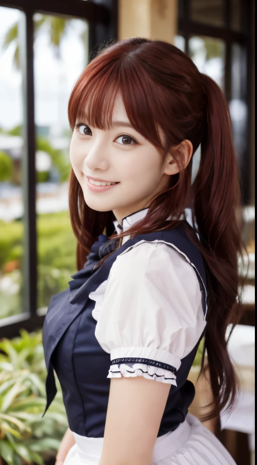 masterpiece、promo photo、1 girl in、22-year-old face.At a restaurant at a marine resort、waitresses、redhair、Twin-tailed、Gentle face、Gothic lolita half costume and maid costume、Clothes based on white、top-quality、Supreme depiction、Top resolution、Ultra-realistic:1.3、gently smiling、Sharp focus on the eyes、crisp photos、