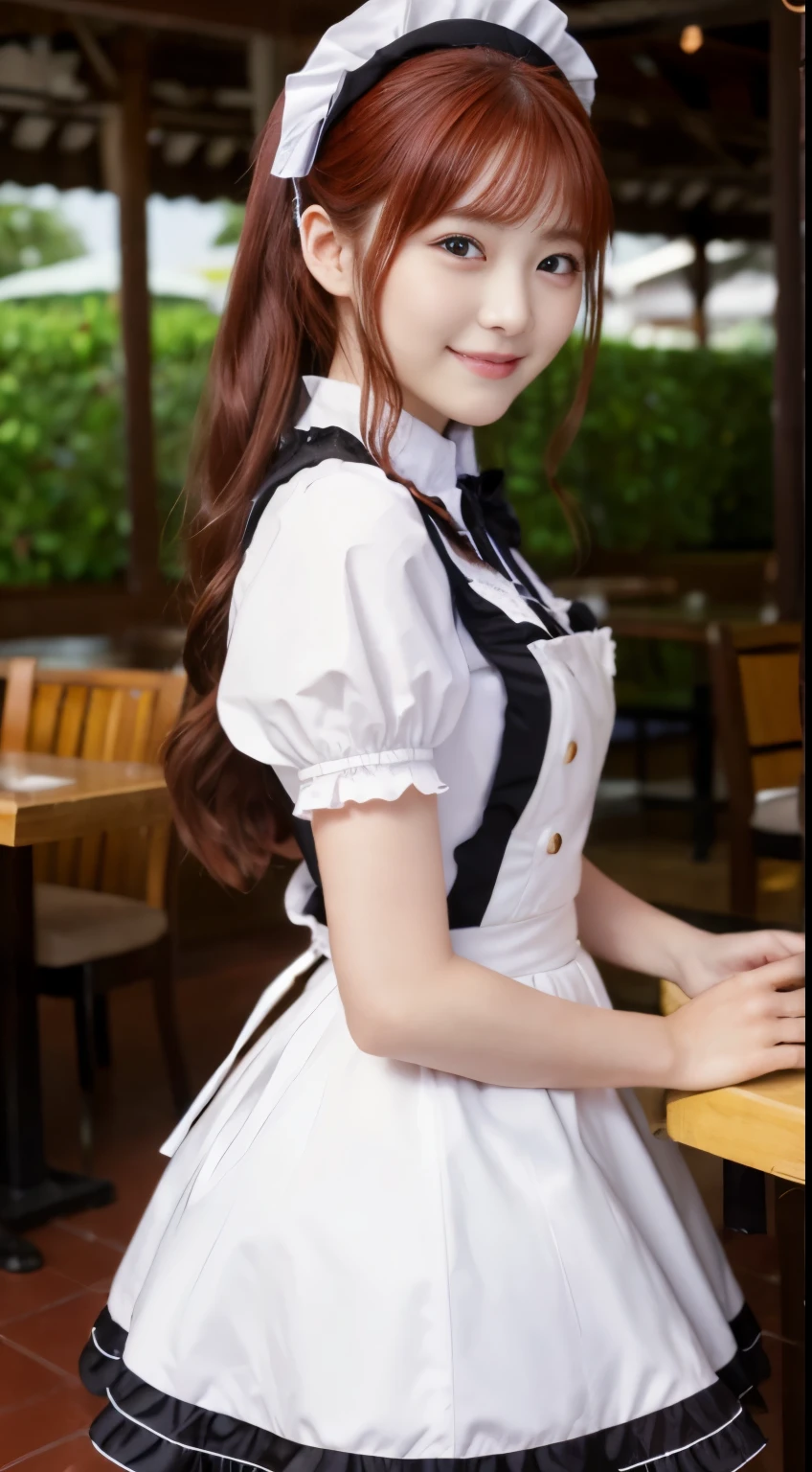 ​masterpiece、promo photo、1 girl in、22-year-old face.At a restaurant at a marine resort、waitresses、redhair、Twin-tailed、Gentle face、Gothic ****ta half costume and maid costume、Clothes based on white、top-quality、Supreme depiction、Top resolution、Ultra-realistic:1.3、gently smiling、Sharp focus on the eyes、crisp photos、