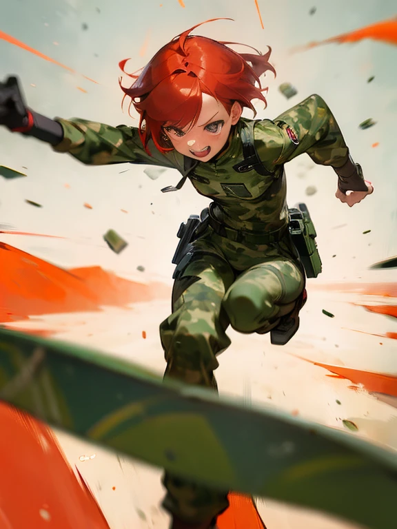 Slim type、small tits、Running away in a hurry、Female Android、red hair short cut、Woman in camouflage combat uniform、Laughing face、