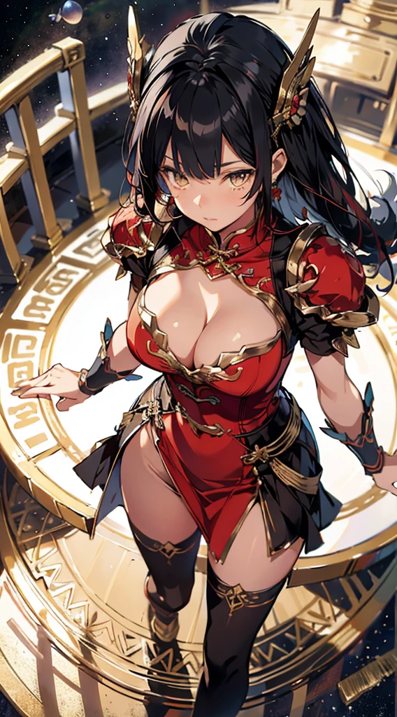 absurd res, high res, (masterpiece:1.4), ultra-detailed, 2girl, from above, space, floating, Chinese dress, red dress, stockings, black hair, golden eyes, cleavage, focus on cleavage,