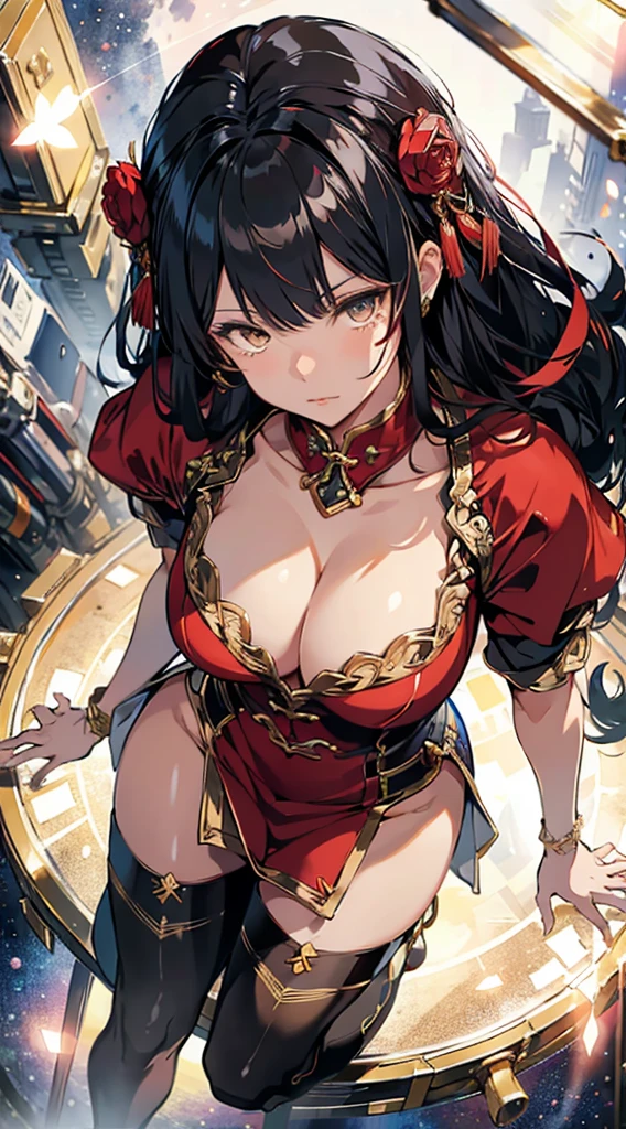 absurd res, high res, (masterpiece:1.4), ultra-detailed, 2girl, from above, space, floating, Chinese dress, red dress, stockings, black hair, golden eyes, cleavage, focus on cleavage,