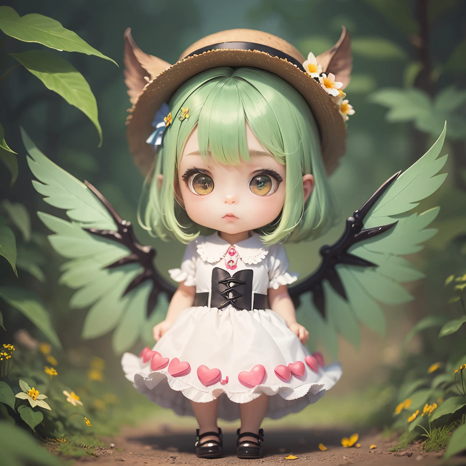 Green hair, brown-eyed, eye glass, Wearing a colorful hat、Girl in a dress with wings on the back, Chibi Girl, Lori in dress, Lori, kawaii chibi, Inspired by Riki, Chibi Art, Inspired by Soda, Tahara-ku, Inspired by Yundukusue, Inspired by Wang Lu --auto --s2