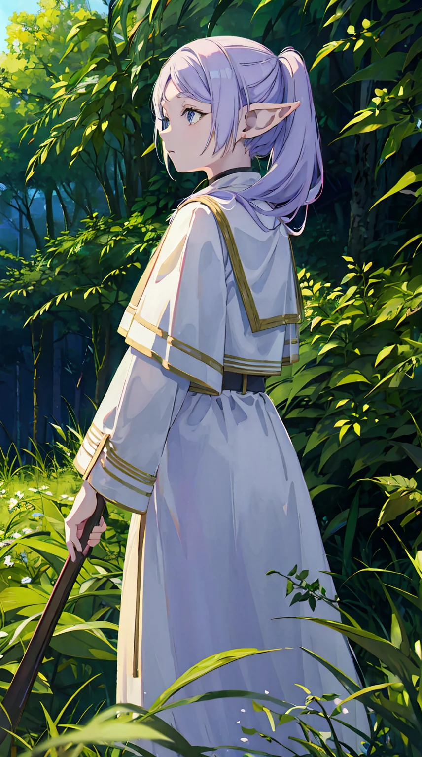 Frieren, 1girl, solo, pointy ears,twintails,sunlight filtering through the foliage,in the old forest, best quality, masterpiece, fantastic, 8K