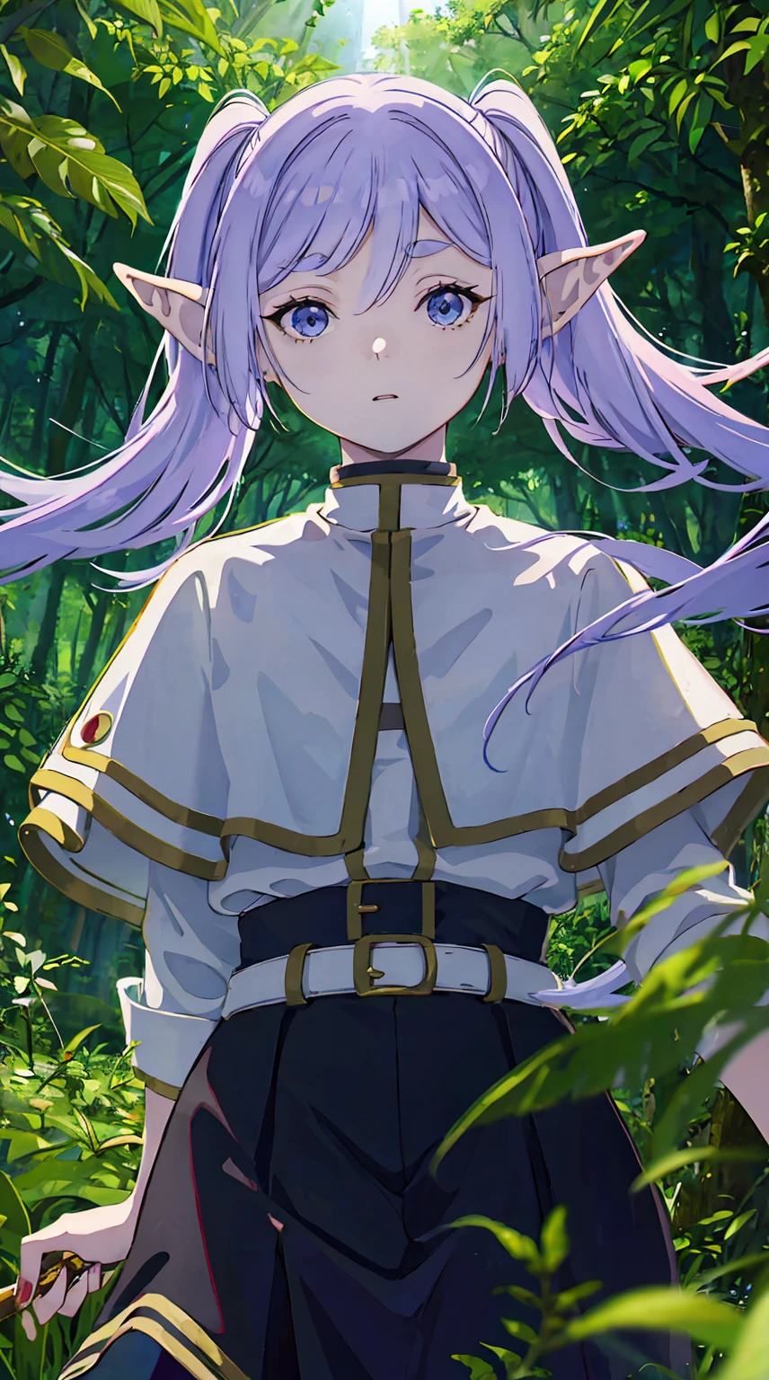 Frieren, 1girl, solo, pointy ears,twintails,sunlight filtering through the foliage,in the old forest, best quality, masterpiece, fantastic, 8K