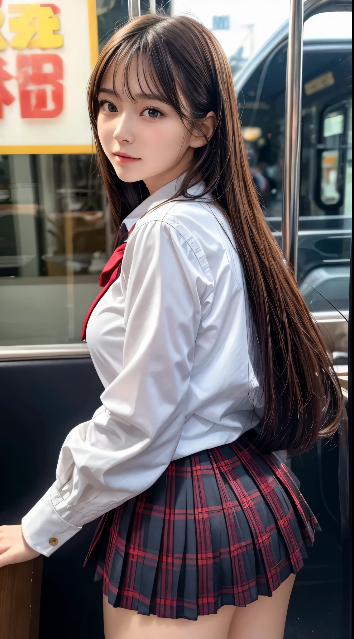 masterpiece, best quality, high quality, detailed, ultra detailed, hyper detailed, insanely detailed, exquisite, beautiful, 4K, 8K, absurdres, highres, a girl, shy, embarrassed, hands on head, looking at viewer, long hair, straight hair, shiny hair, brown hair, tareme, droopy eyes, shiny skin, detailed skin, detailed face, glamorous, beautiful breasts, beautiful ass, (idol, school uniform:1.3), cute face, delicate facial features, japanese idol, curvy, 20-year-old, japanese, in the bus, photorealistic, ultra realistic photo, realistic portrait, raw photo, real person, nsfw, cowboy shot, dynamic angle, sharpen, best light, depth of field
