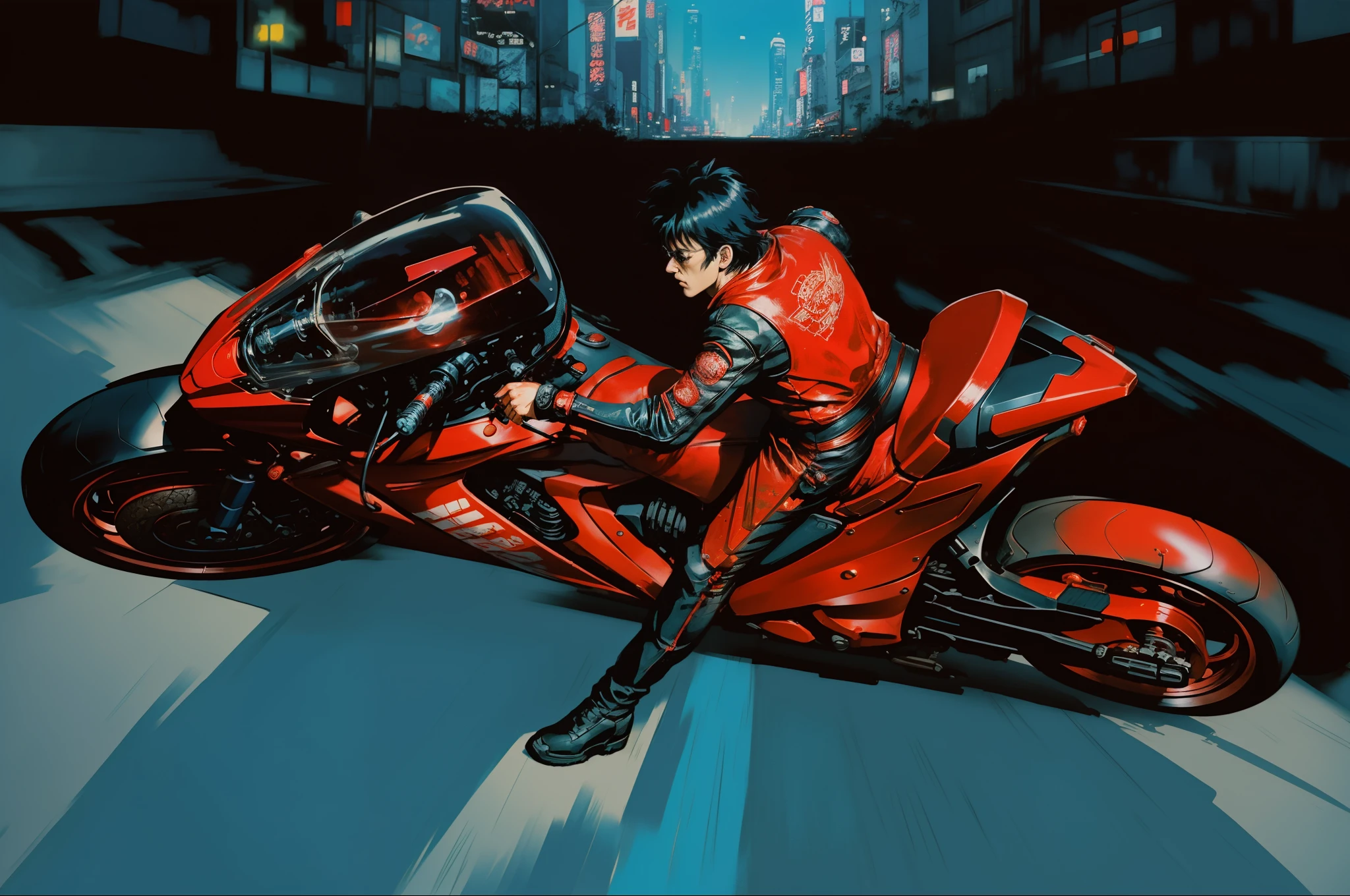 scene of a man riding a motorcycle in a city, style of akira motion movie, akira anime cyberpunk, still from akira (1988), akira movie style, akira anime, from akira ( 1 9 8 8 ) style, akira motorcycle, akira's motorcycle, akira japanese art, in the style of akira, tetsuo from akira