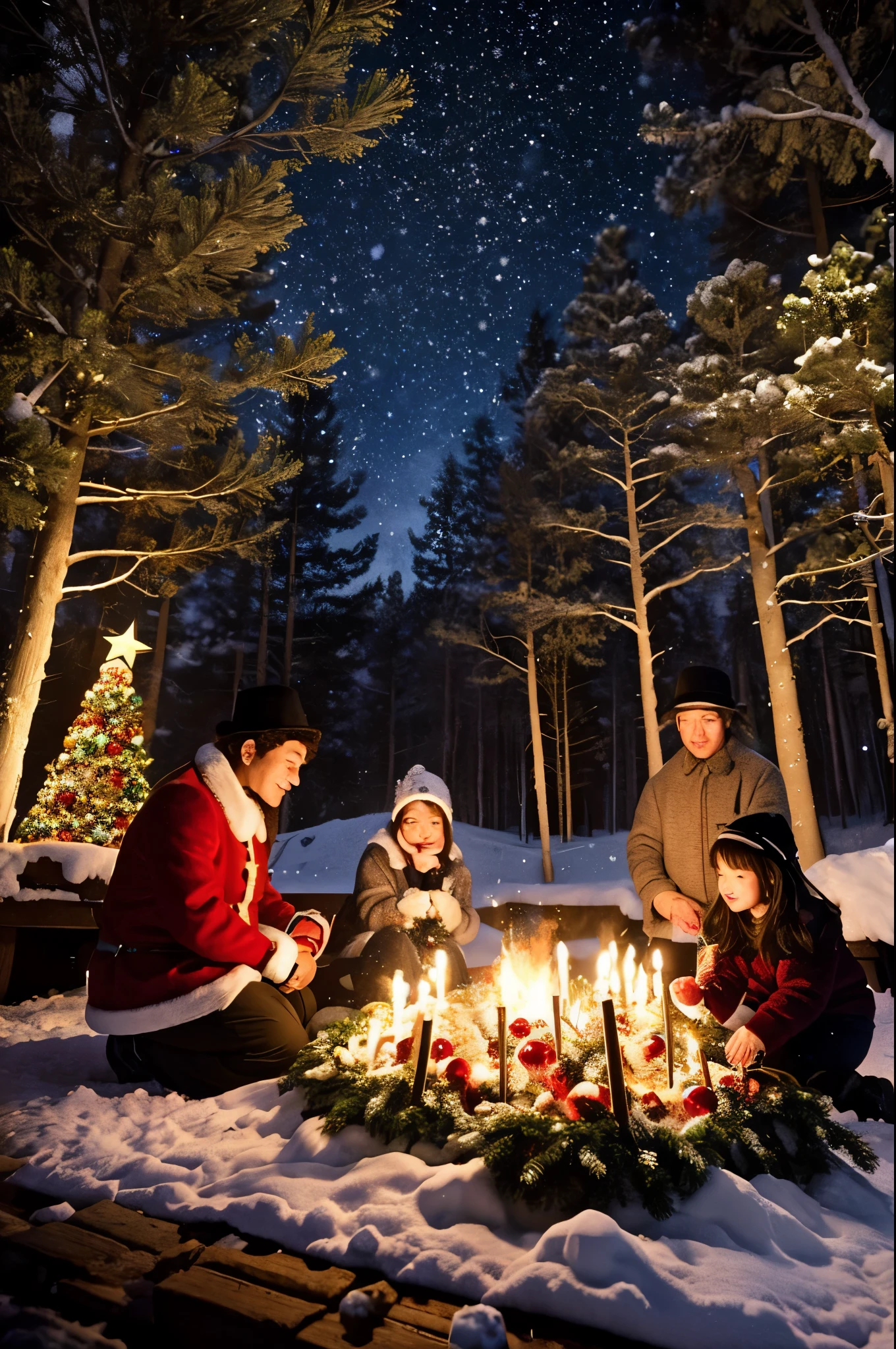 "Starry Night、A special Christmas scene in the snowy forest。The large Christmas tree in the center is decorated with glittering decorations.、In the foreground is a fireplace and many children sitting.、Santa Claus in the front row、Draw a close-up of the touching moment when Santa gently places the back of his hand on a girl&#39;s forehead.。"