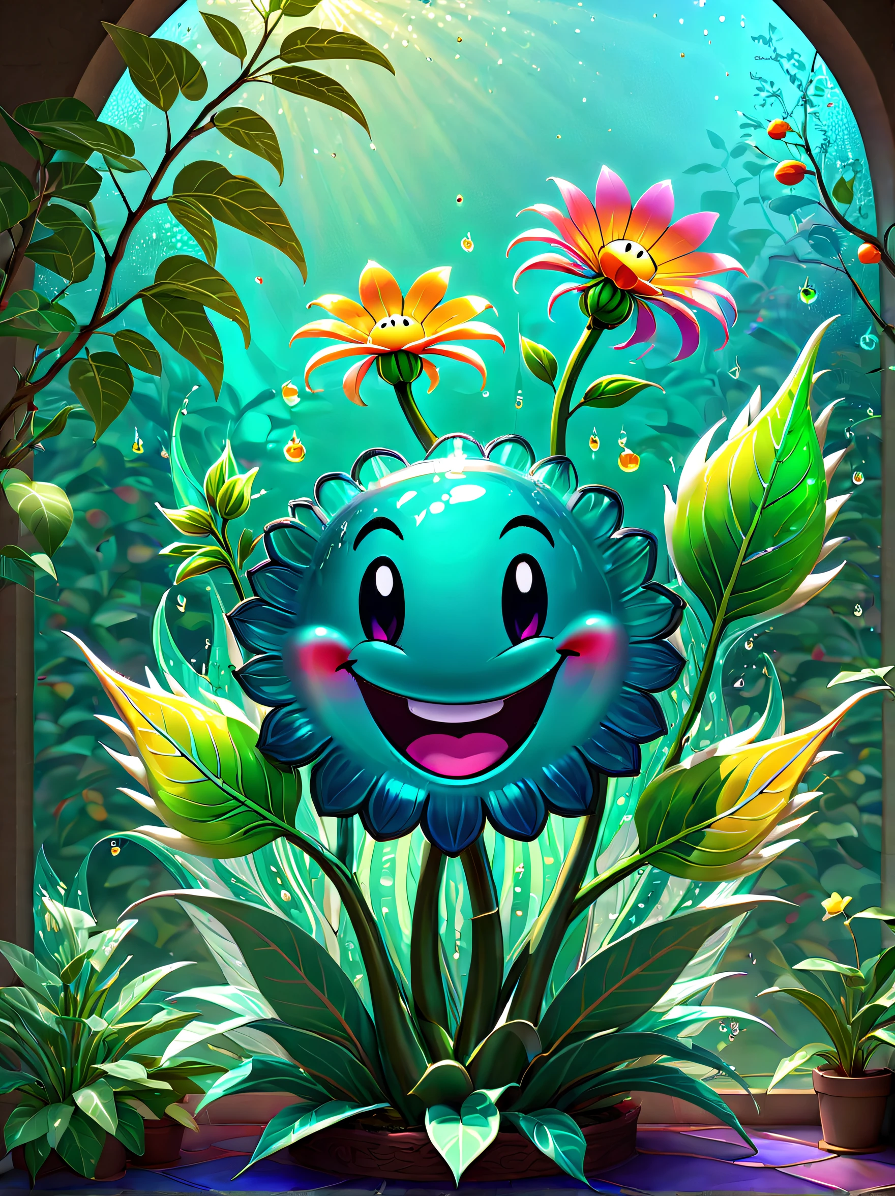 stained glass style,(a magical plant,Irridescent color,1 big five flower,Lovely smile),Leaves covered with nectar, Plants covered in liquid, Cute 3d rendering, Rendering in Cinema 4D Octane, blender art, Cinema 4D color rendering, Very detailed photos of happiness, rendered in cinema4d, Colorful octane rendering, A vibrant one, The beautiful, semi transparent, iintricate, Detailed pubic hair
