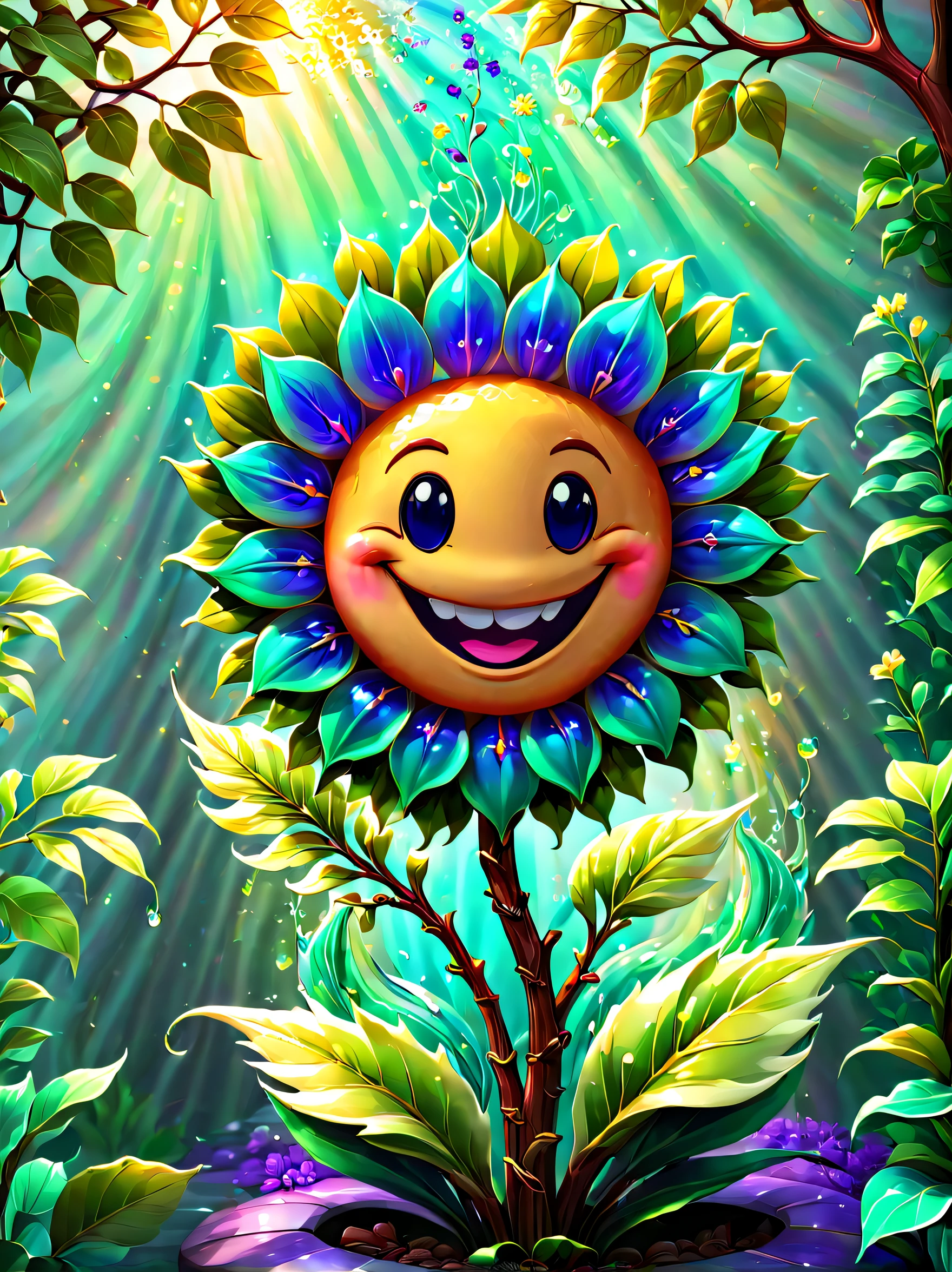 stained glass style,(a magical plant,Irridescent color,1 big five flower,Lovely smile),Leaves covered with nectar, Plants covered in liquid, Cute 3d rendering, Rendering in Cinema 4D Octane, blender art, Cinema 4D color rendering, Very detailed photos of happiness, rendered in cinema4d, Colorful octane rendering, A vibrant one, The beautiful, semi transparent, iintricate, Detailed pubic hair